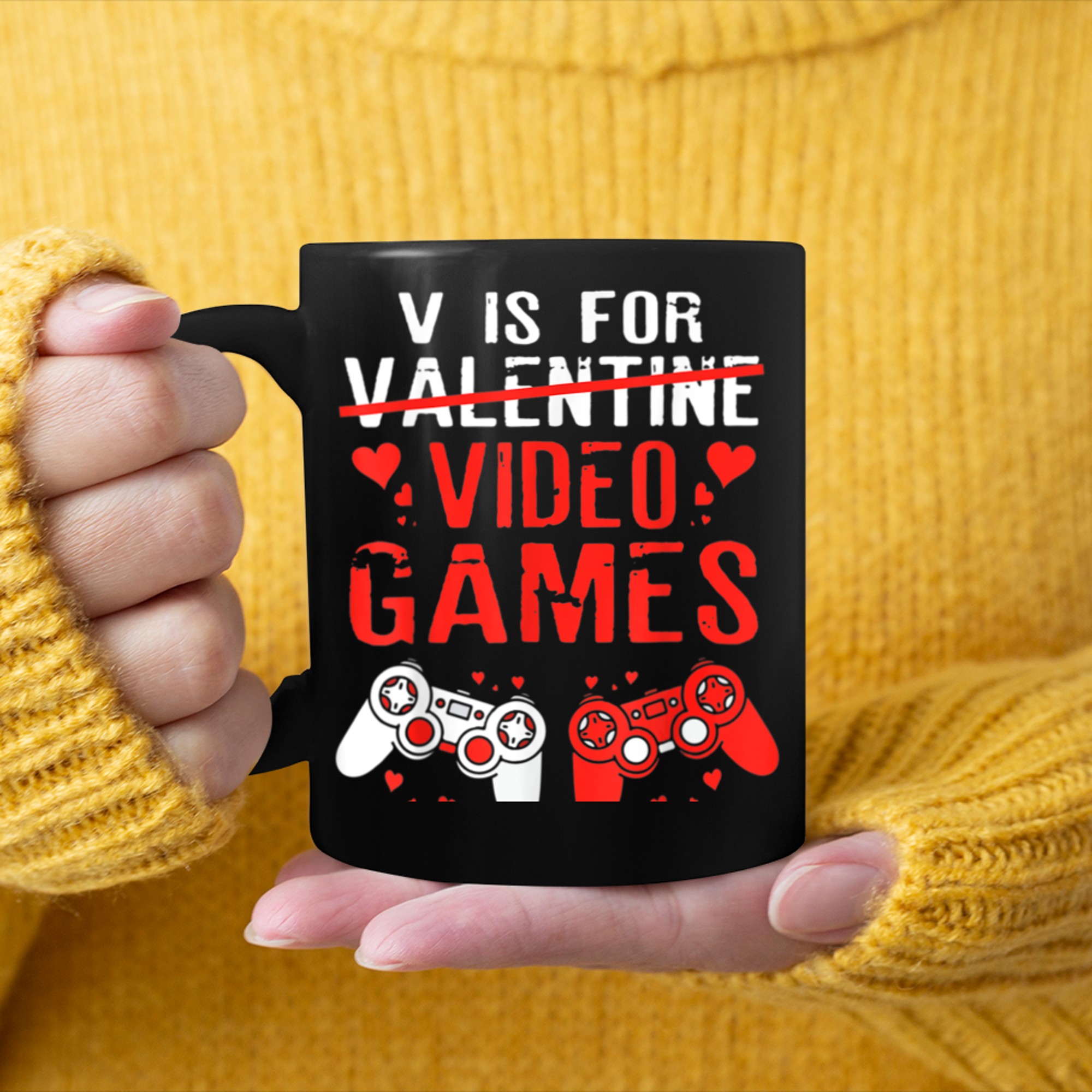 V Is For Video Games Funny Gamer Valentines Day Gaming Boys (3) mug black