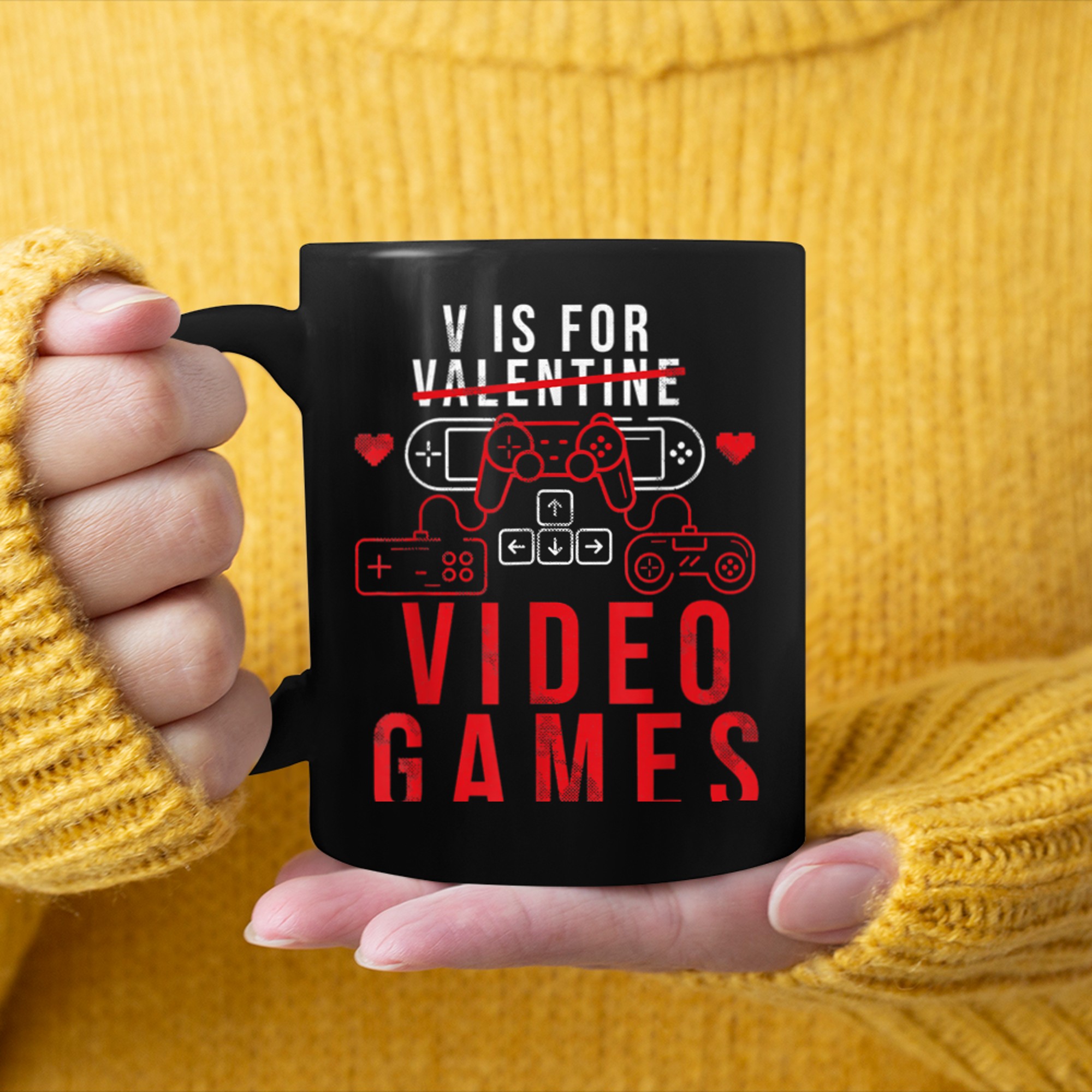 V Is For Video Games Funny Gamers For Valentines Day mug black