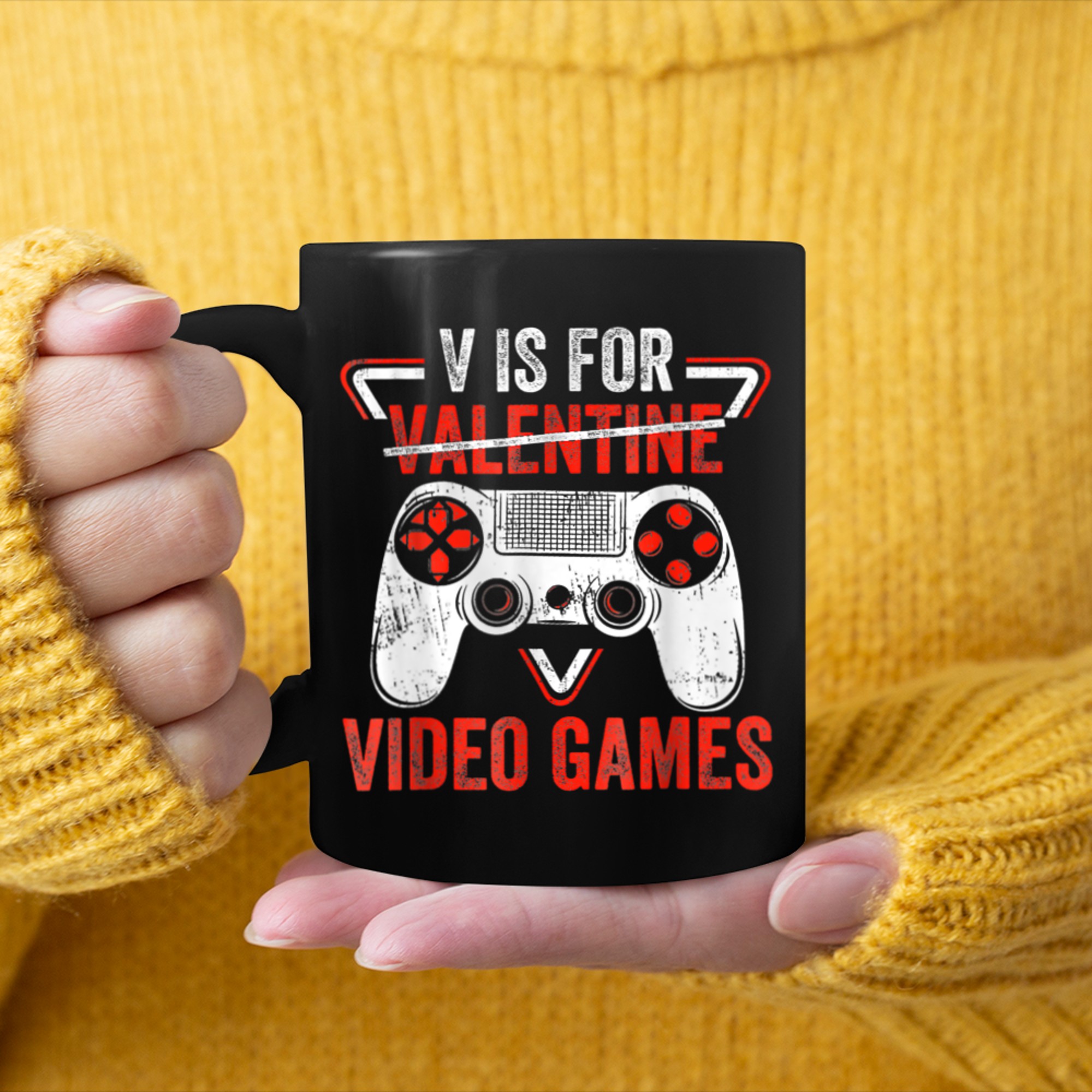 V Is For Video Games Funny Gaming Anti Valentines Day Gamer mug black