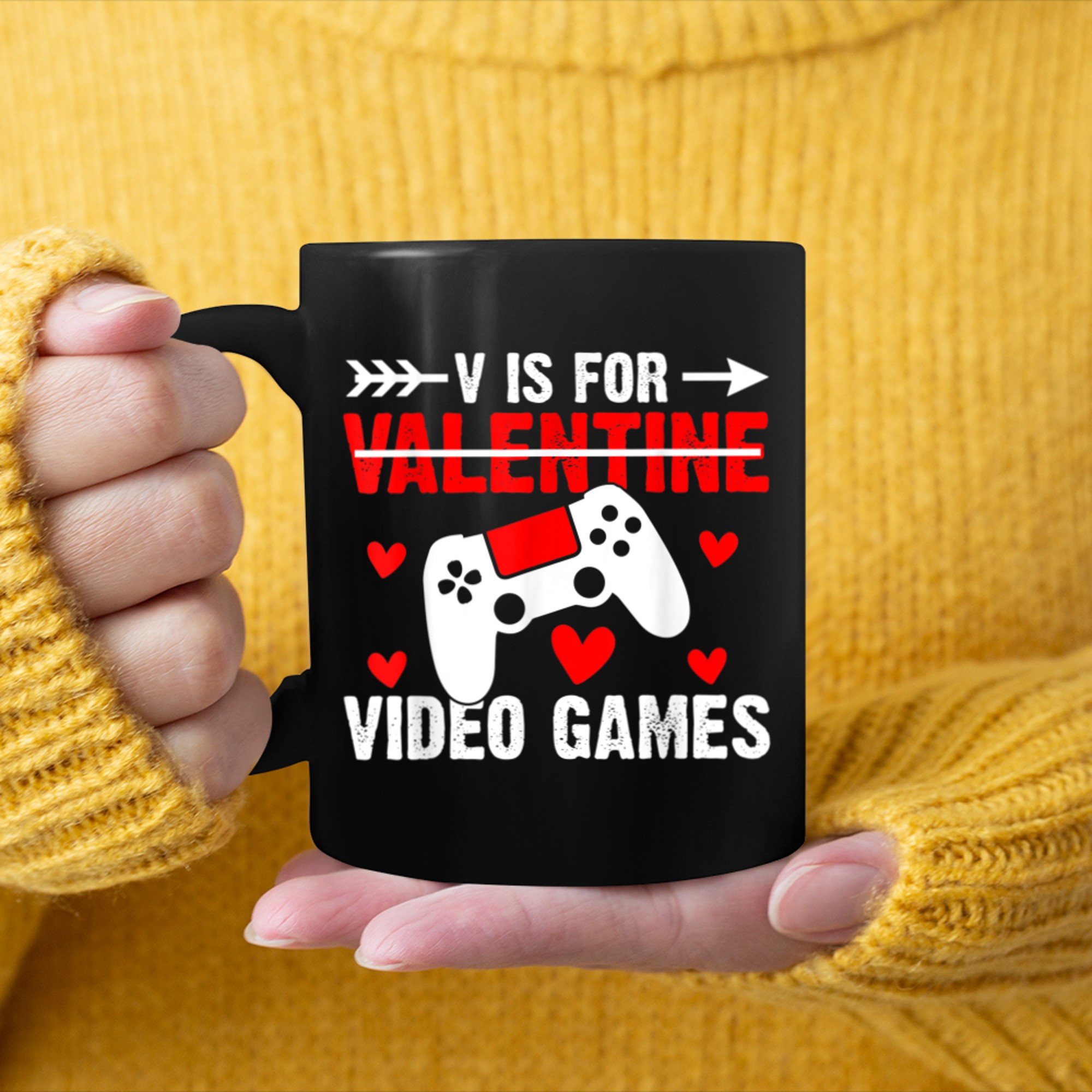 V Is for Video Games Funny kids Valentines Day Gamer Boy mug black