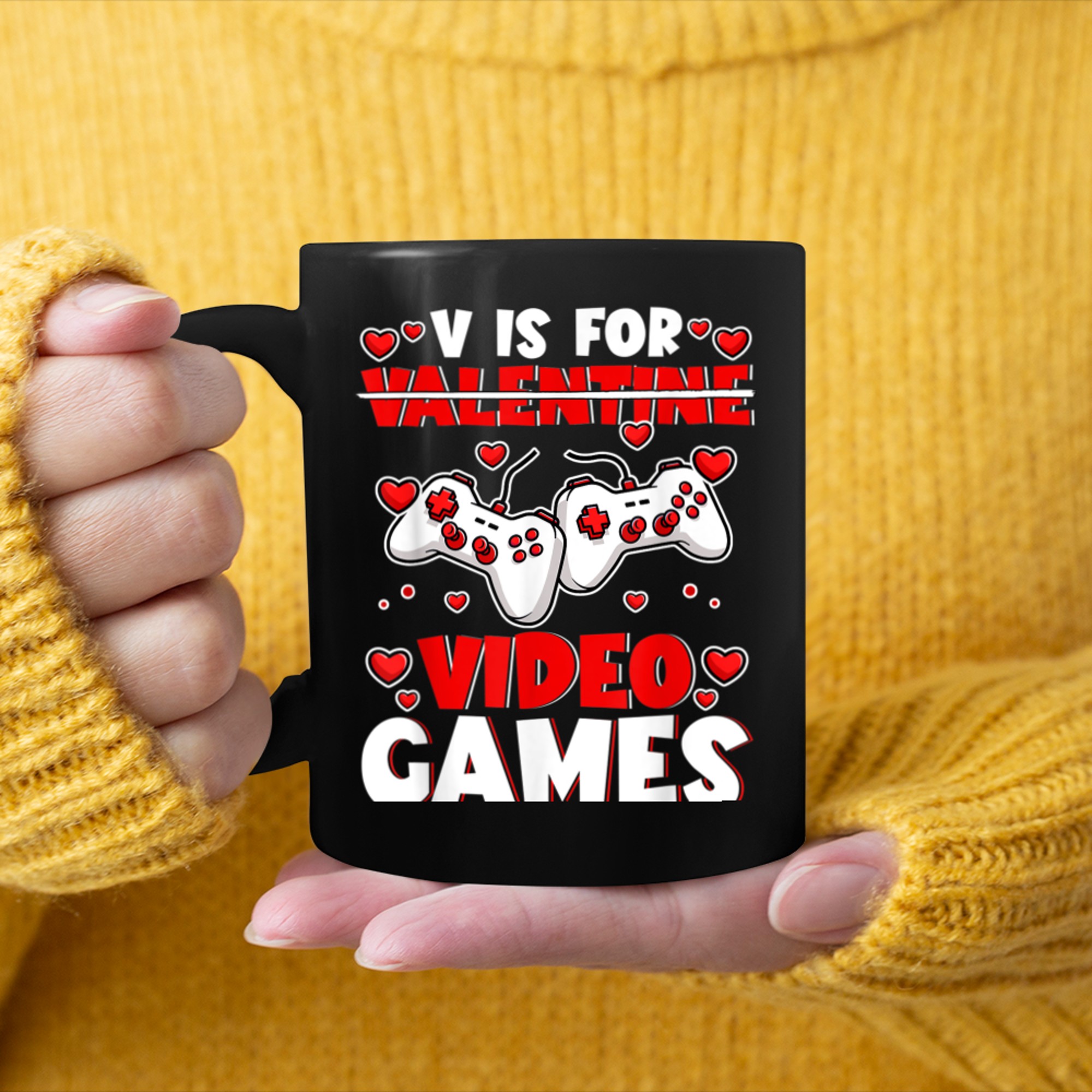 V Is For Video Games Funny Valentine Day Gamer Gaming Lover mug black