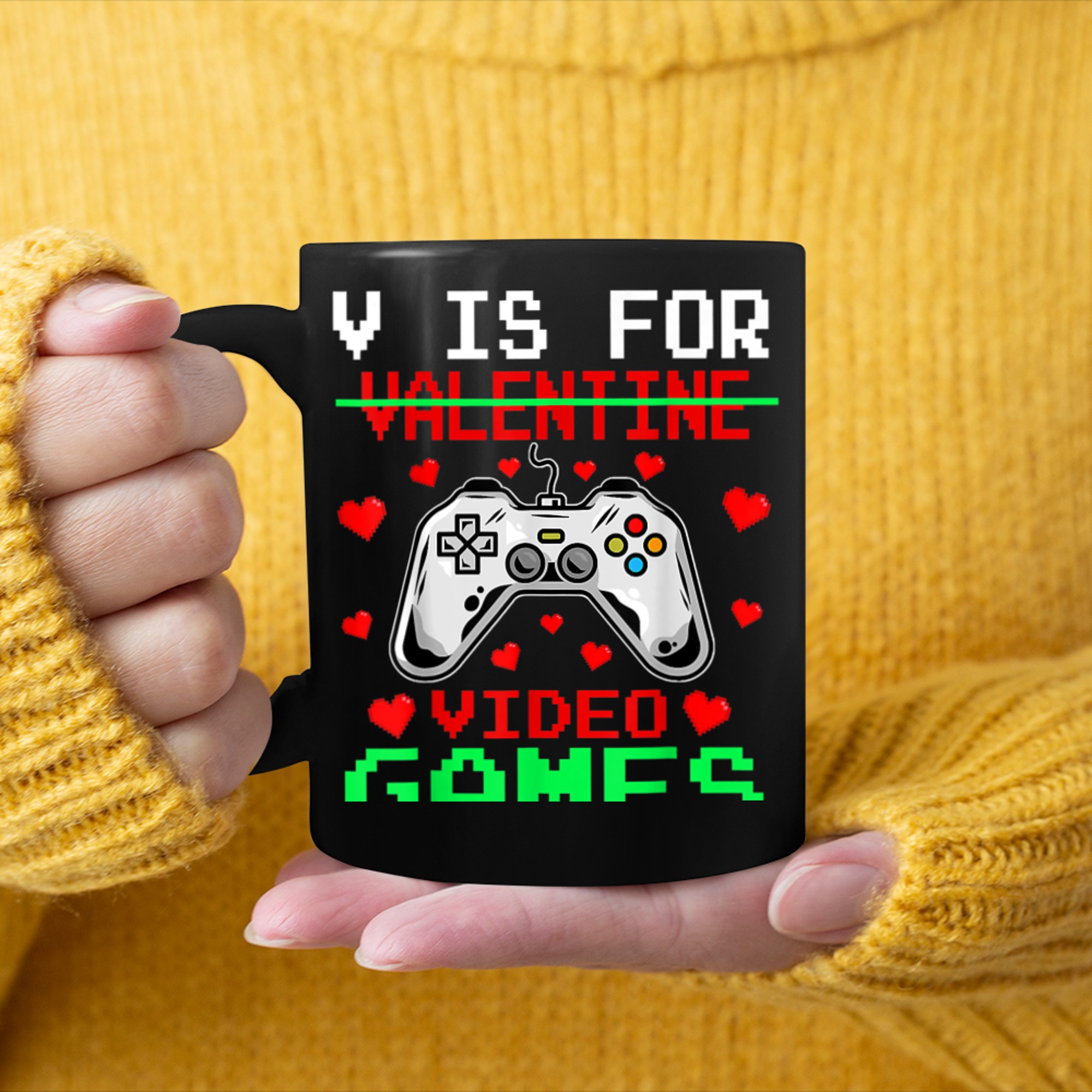 V Is For Video Games Funny Valentine Gamer Game Lover mug black