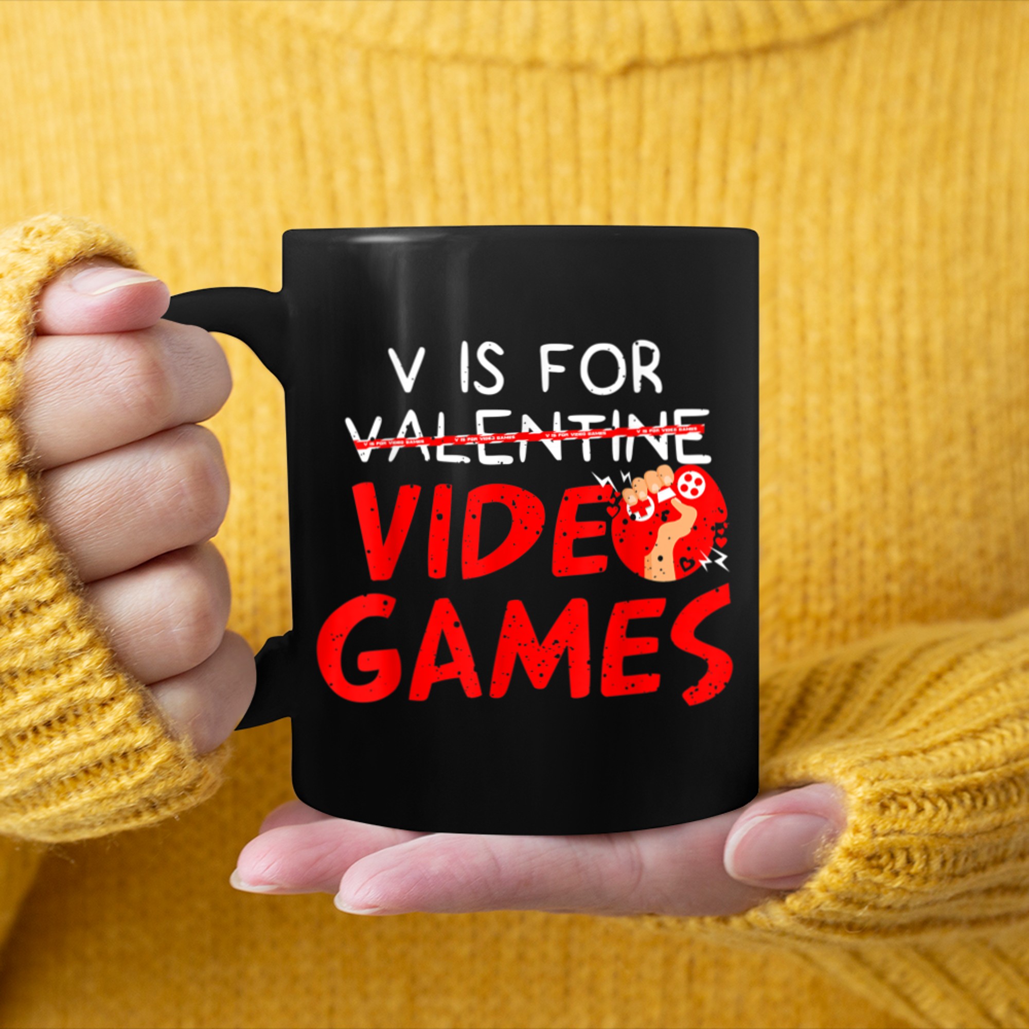 V Is For Video Games Funny Valentines Day Cool Gamer Boy Men mug black