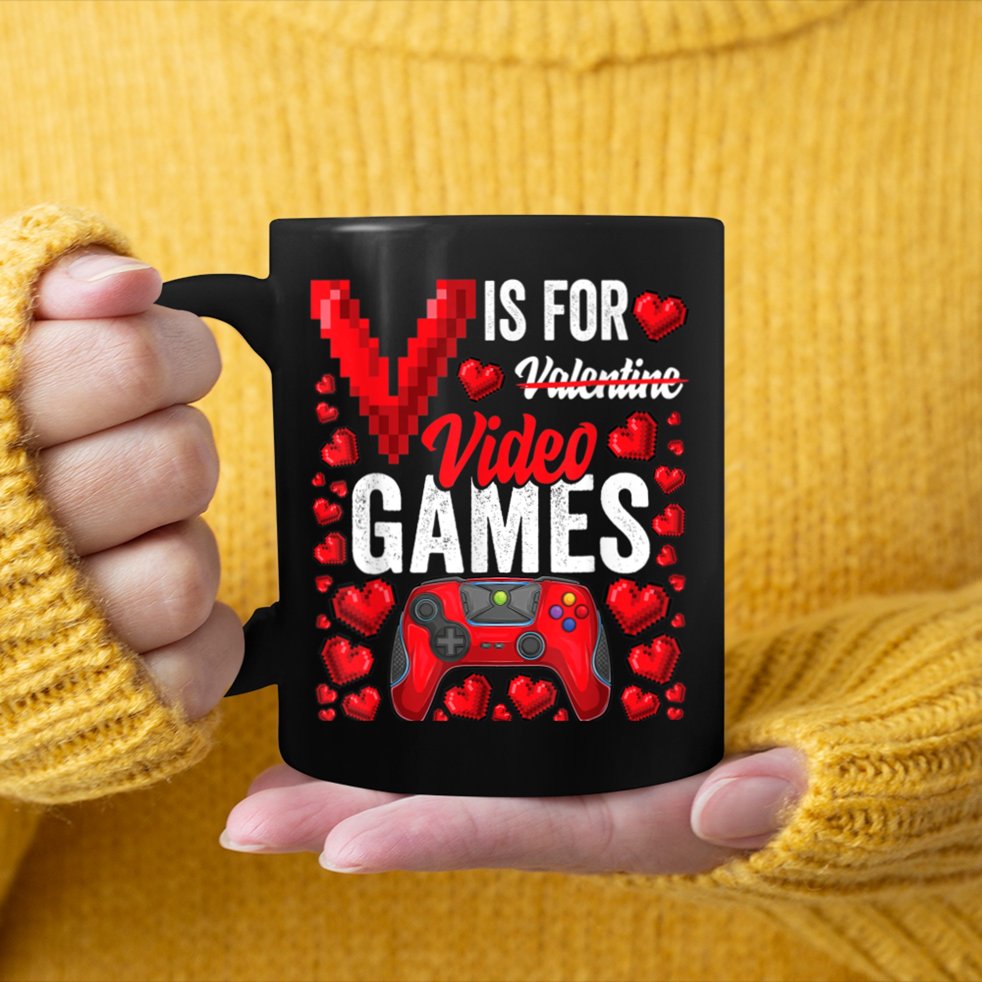 V Is For Video Games Funny Valentines Day For Men Him Gamer mug black