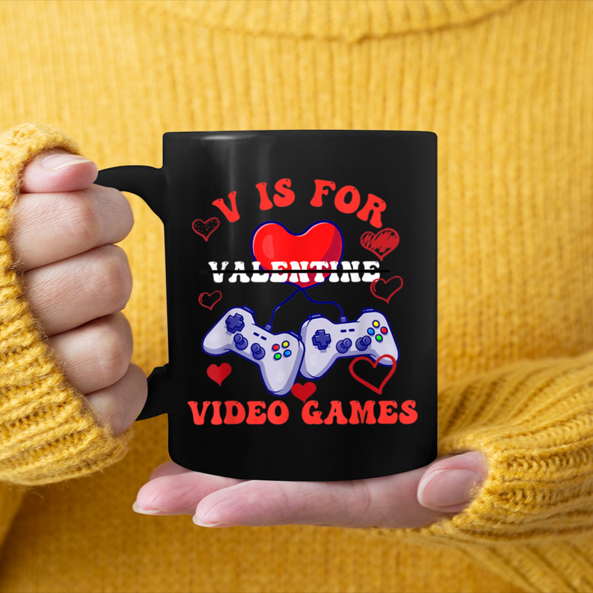 V Is For Video Games Funny Valentines Day Funny Gamer mug black