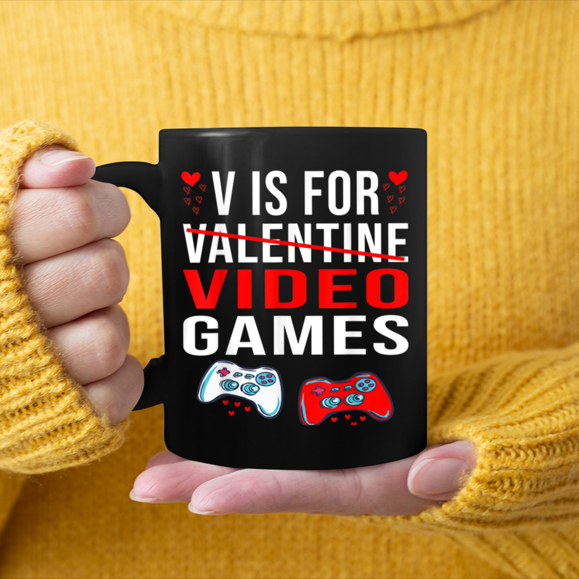 V Is For Video Games Funny Valentines Day Gamer (1) mug black