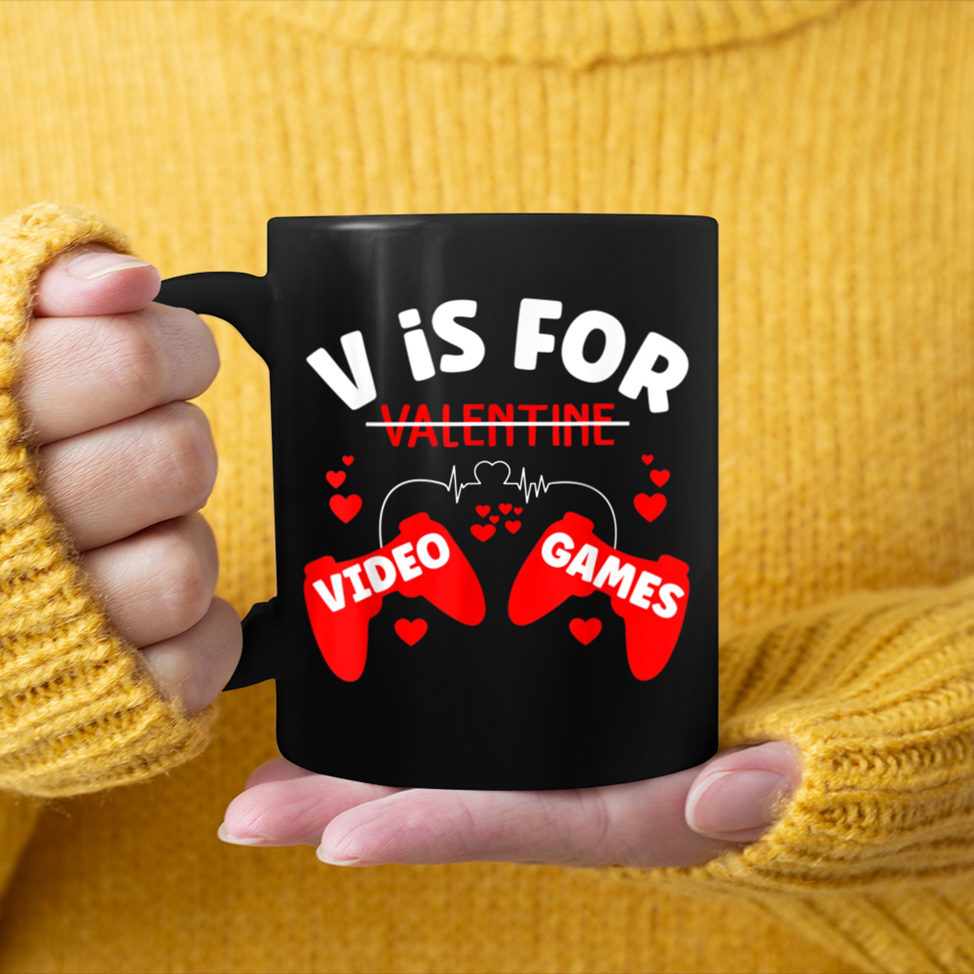 V Is For Video Games Funny Valentine's Day Gamer (15) mug black