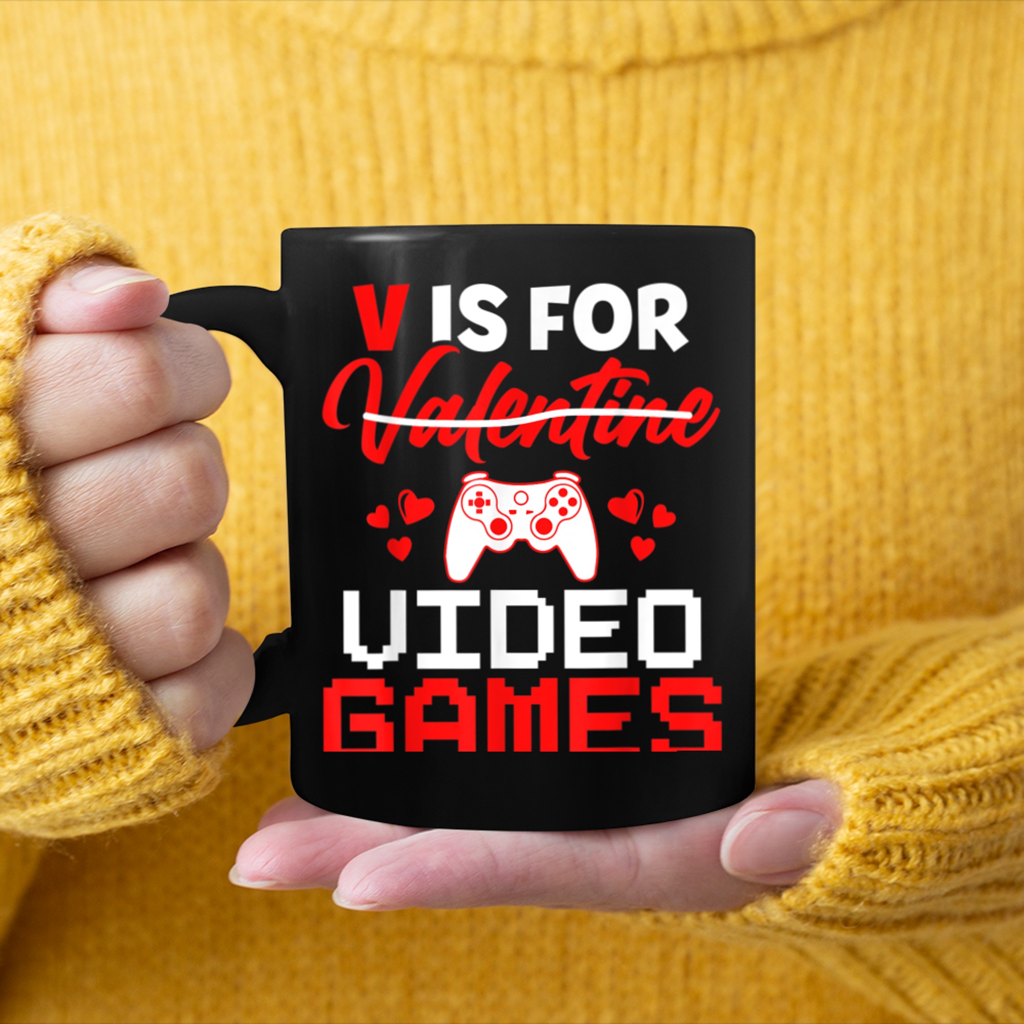 V Is For Video Games Funny Valentine's Day Gamer (6) mug black