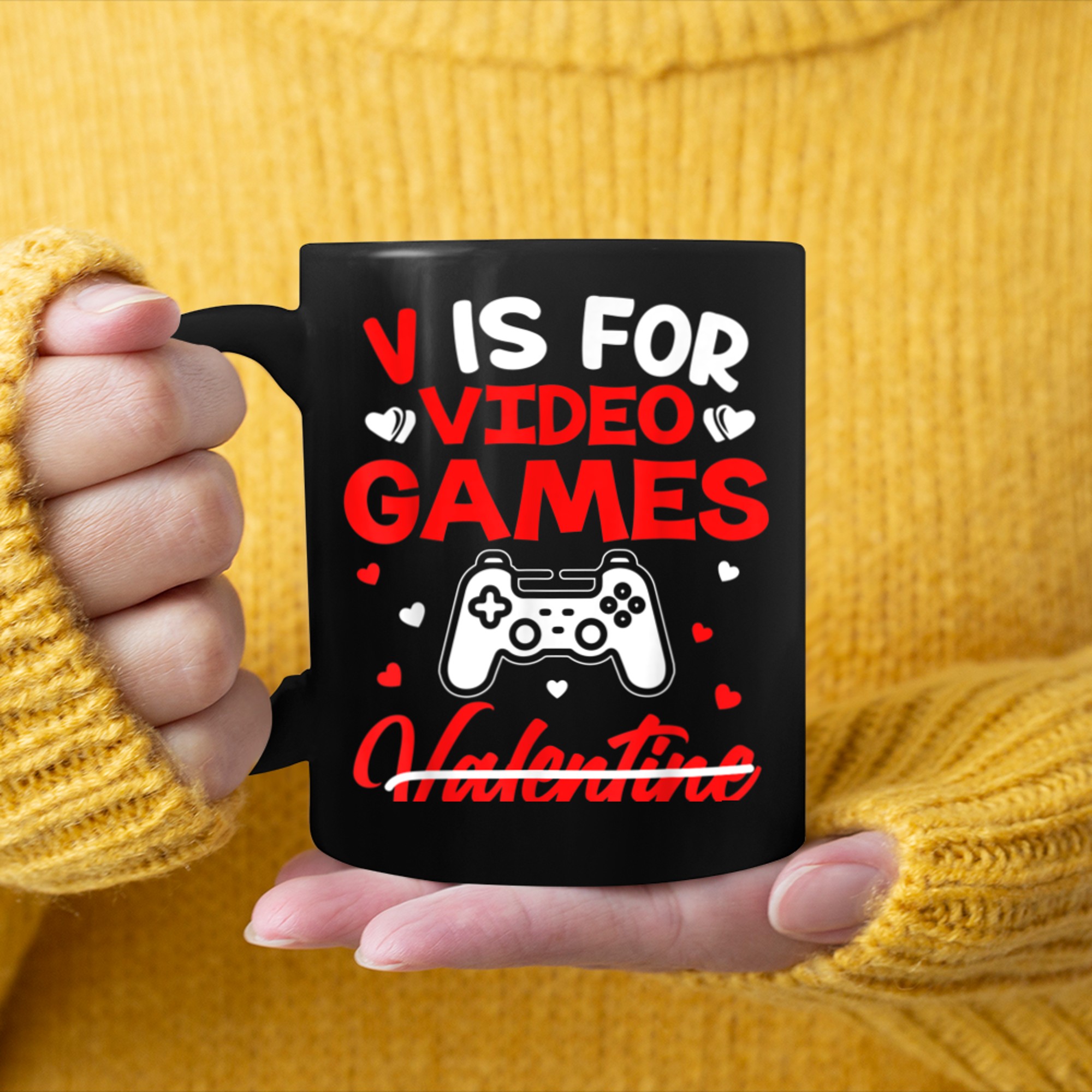 V Is For Video Games Funny Valentines Day Gamer (7) mug black