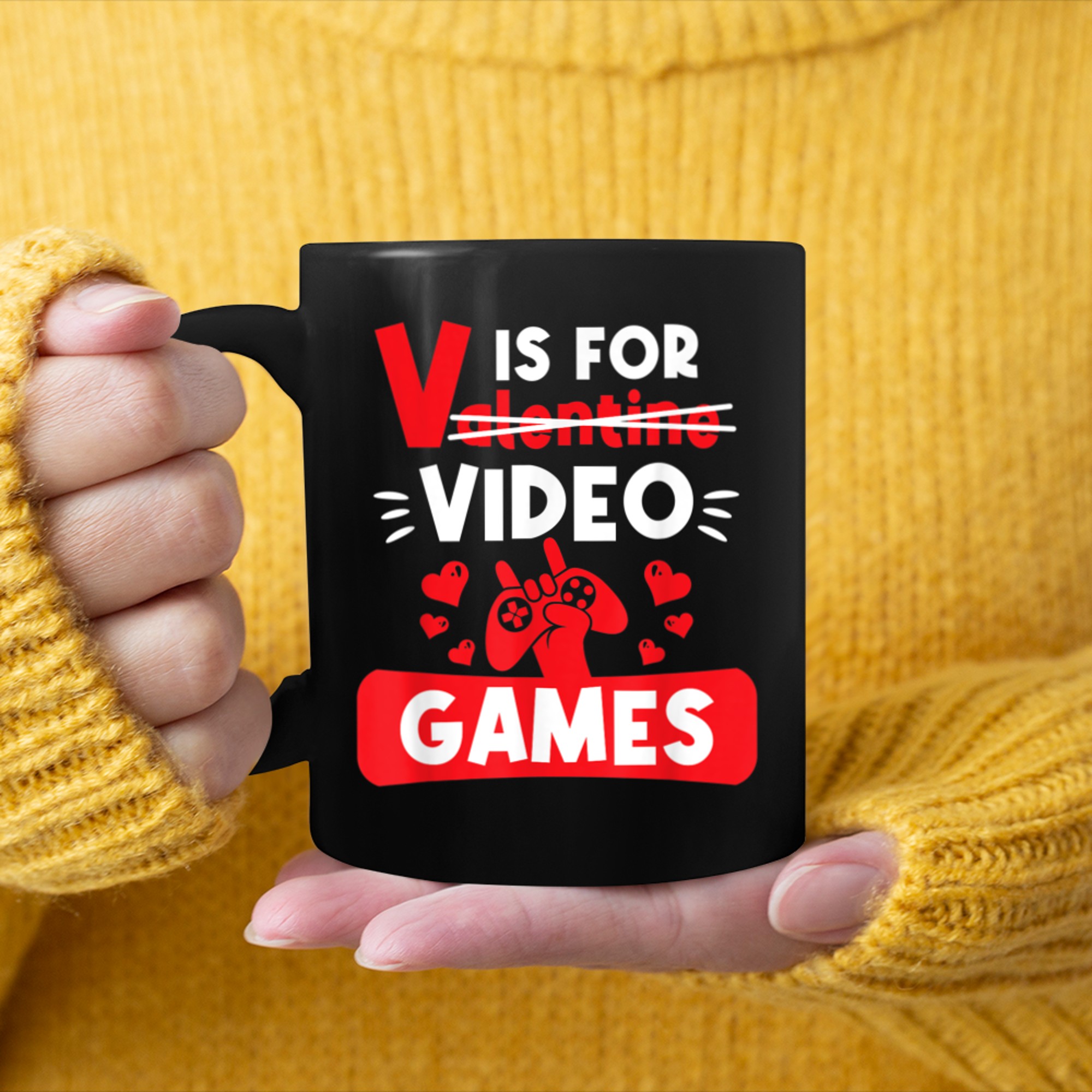 V Is For Video Games Funny Valentine's Day Gamer (8) mug black