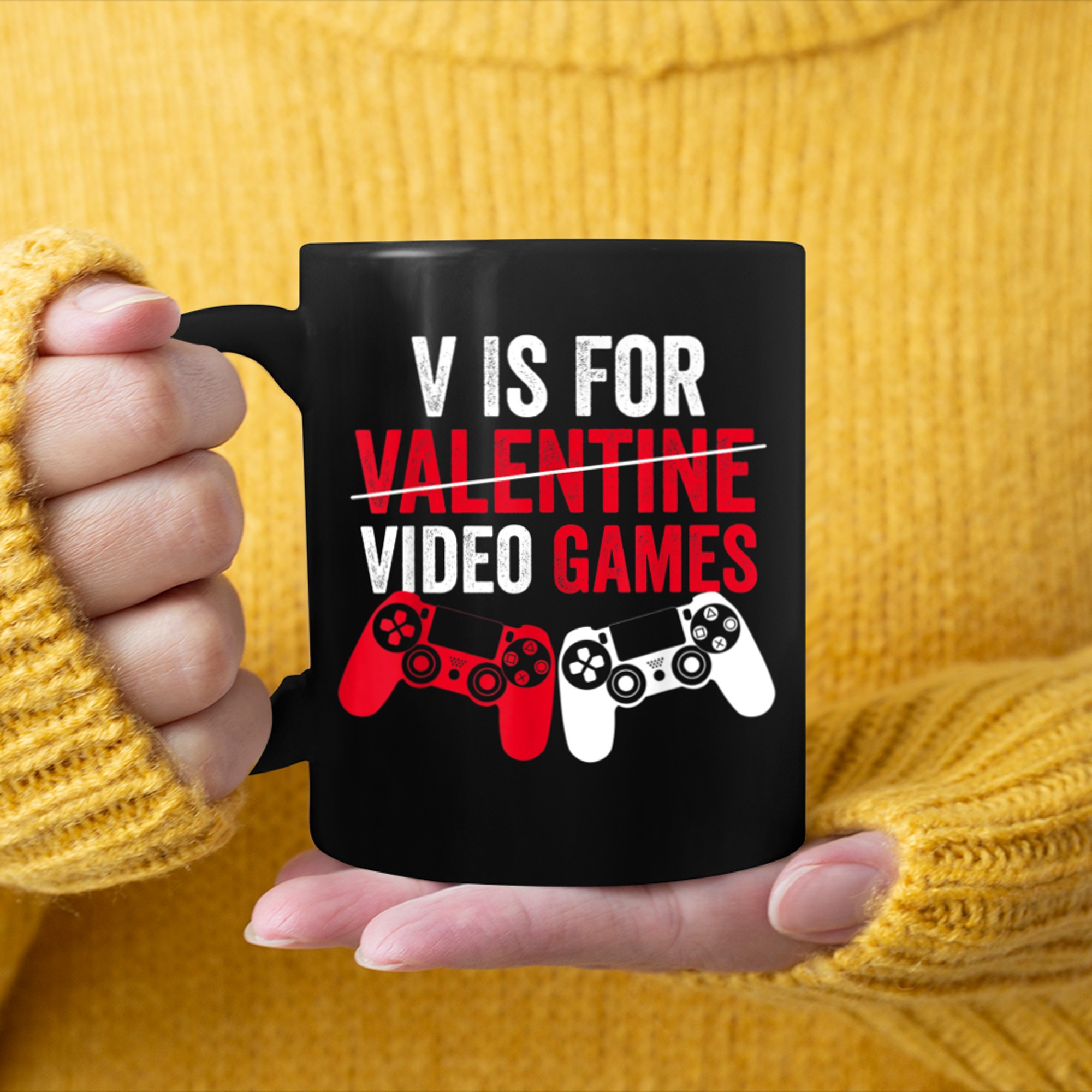 V Is For Video Games Funny Valentines Day Gamer Adults (1) mug black