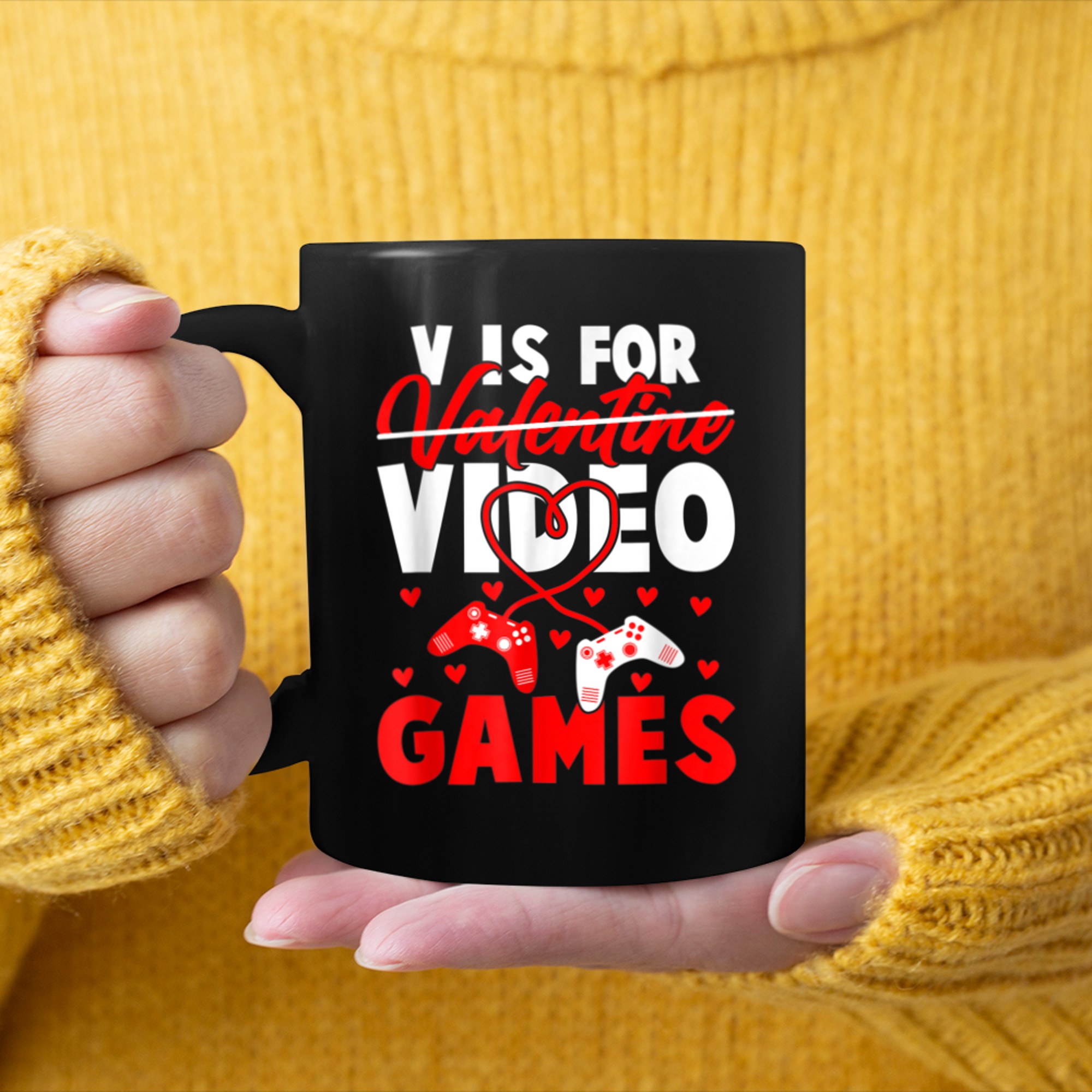 V Is For Video Games Funny Valentines Day Gamer Boy (6) mug black