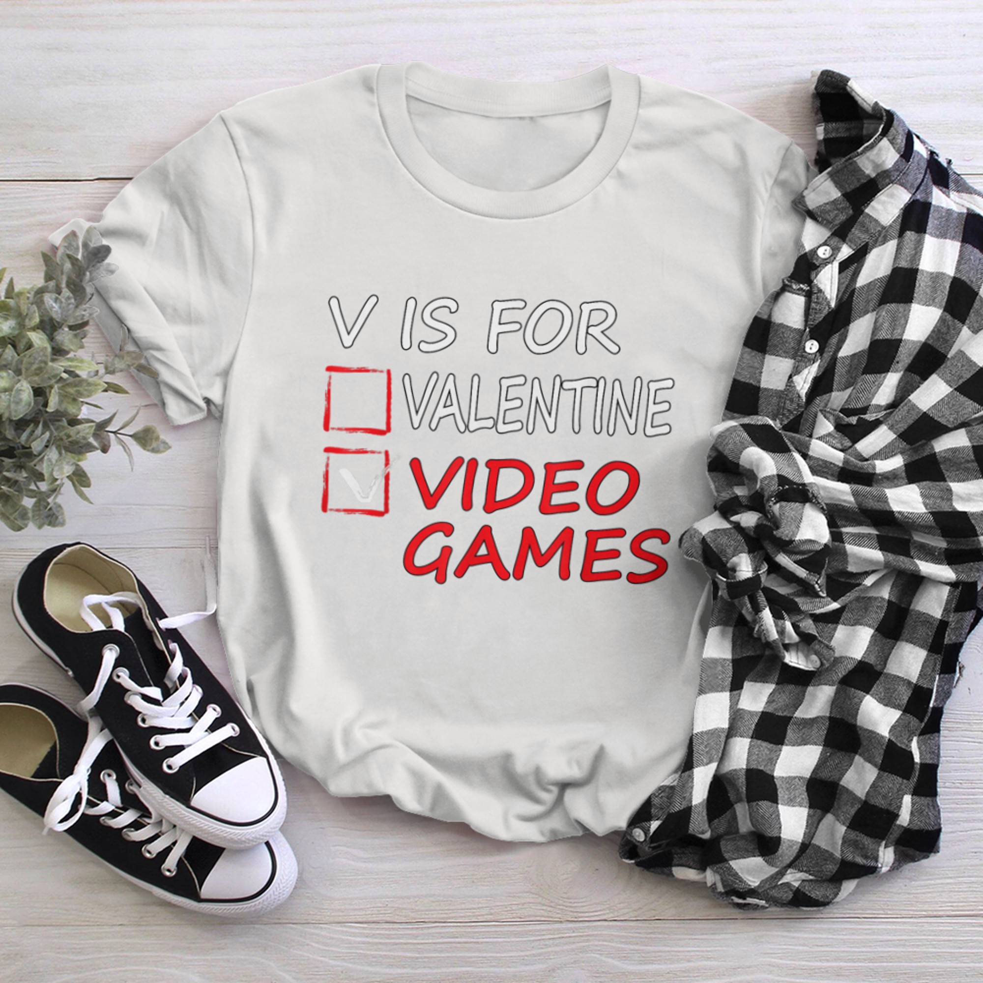 V Is For Video Games Funny Valentines Day Gamer Boy Girls t-shirt white