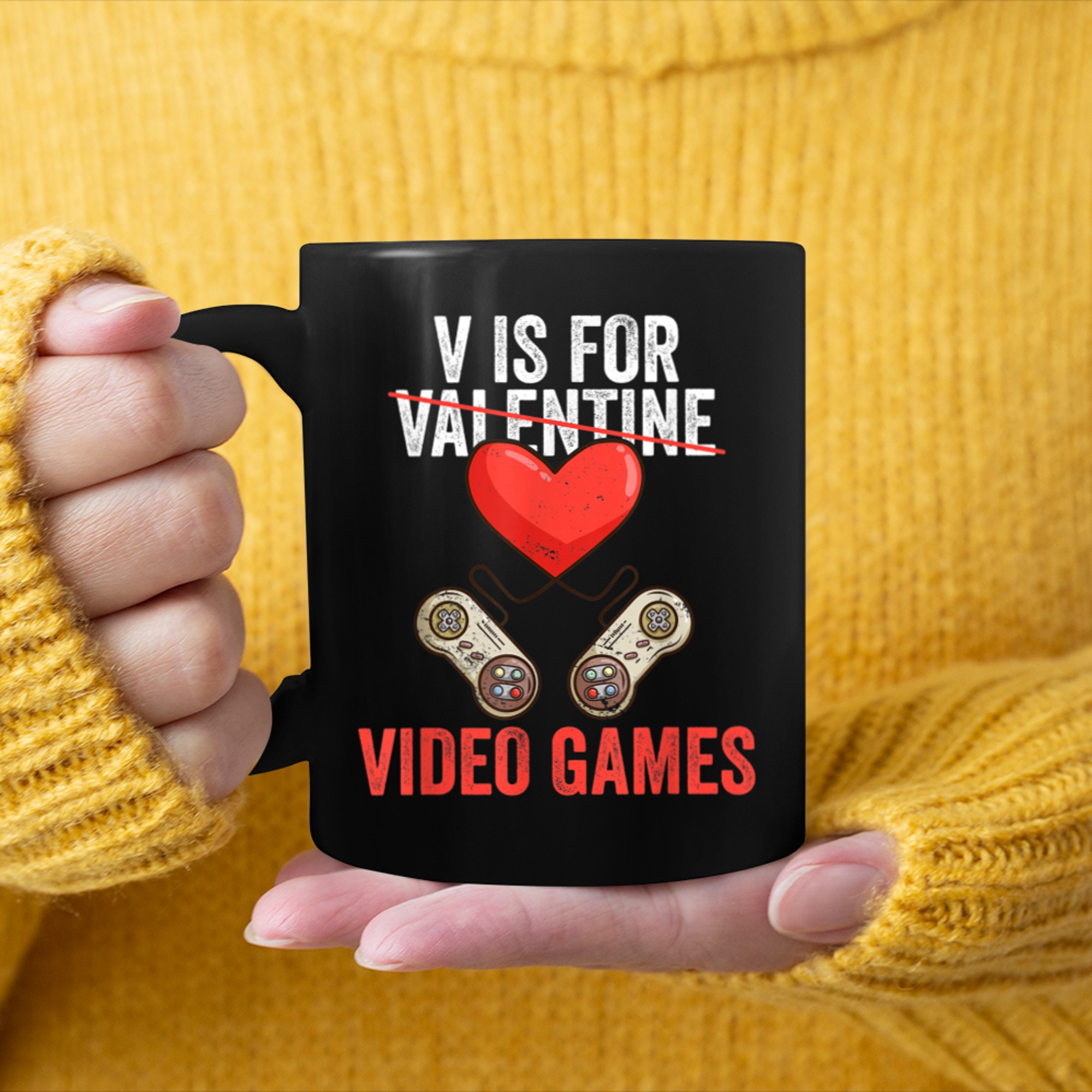 V Is For Video Games Funny Valentines Day Gamer Boy Humor mug black