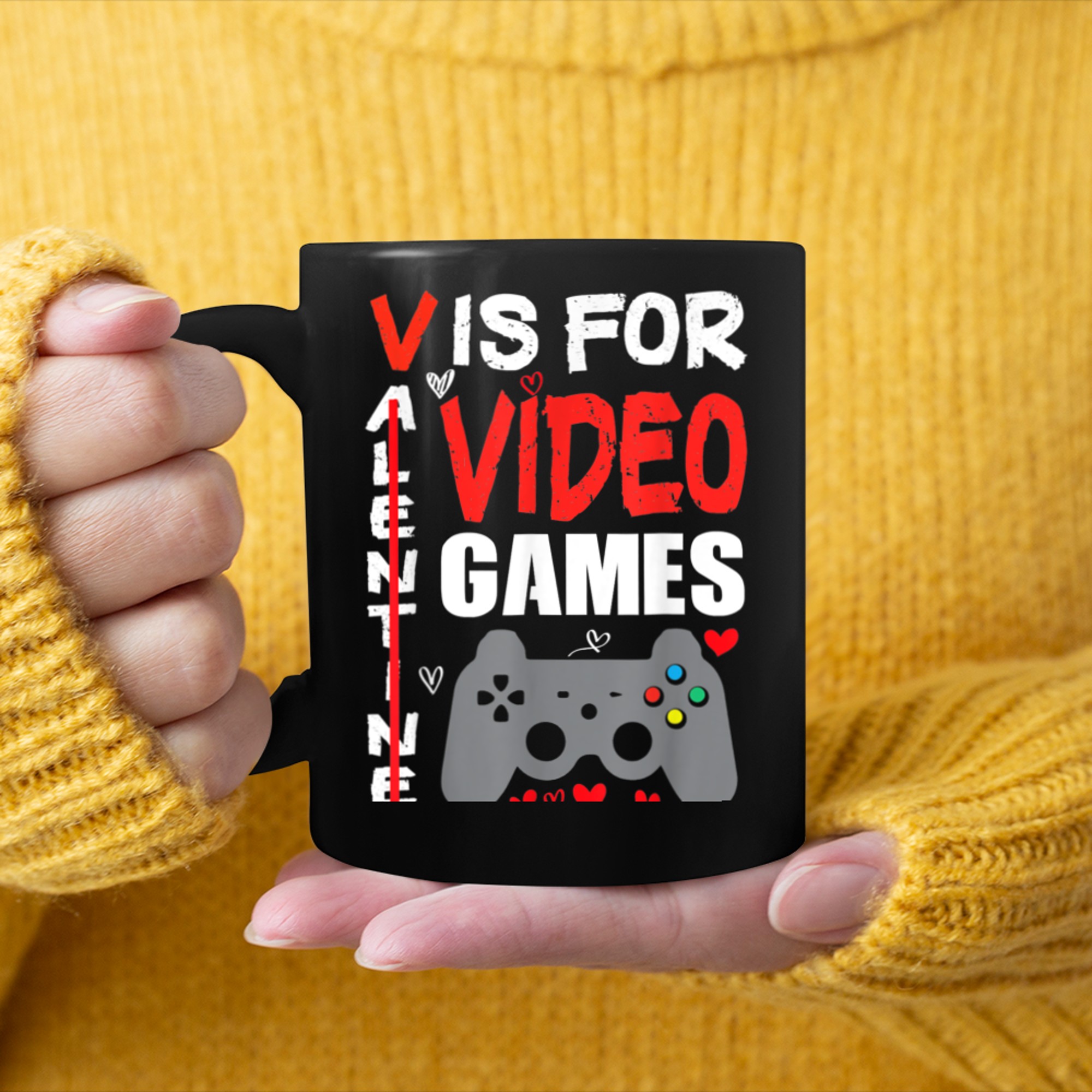 V Is For Video Games Funny Valentines Day Gamer Boy Men (1) mug black