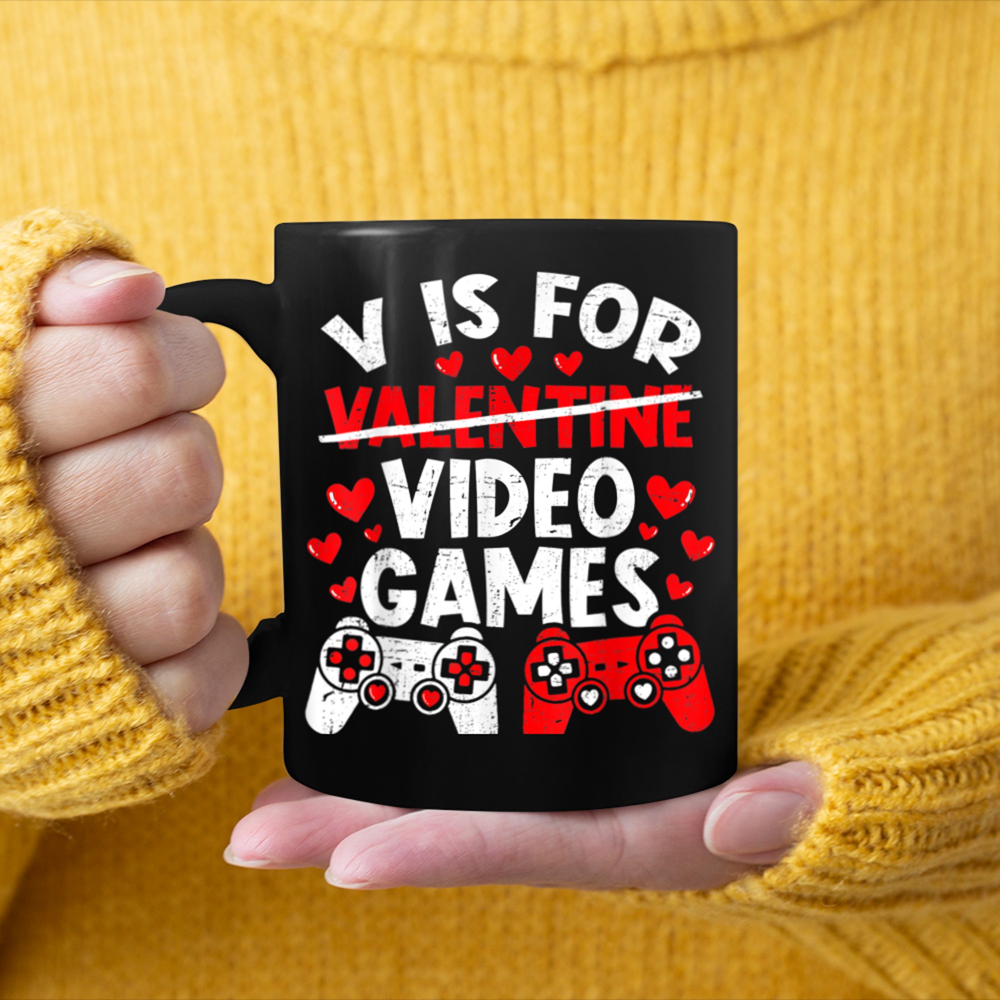 V Is For Video Games Funny Valentines Day Gamer Boy Men (37) mug black