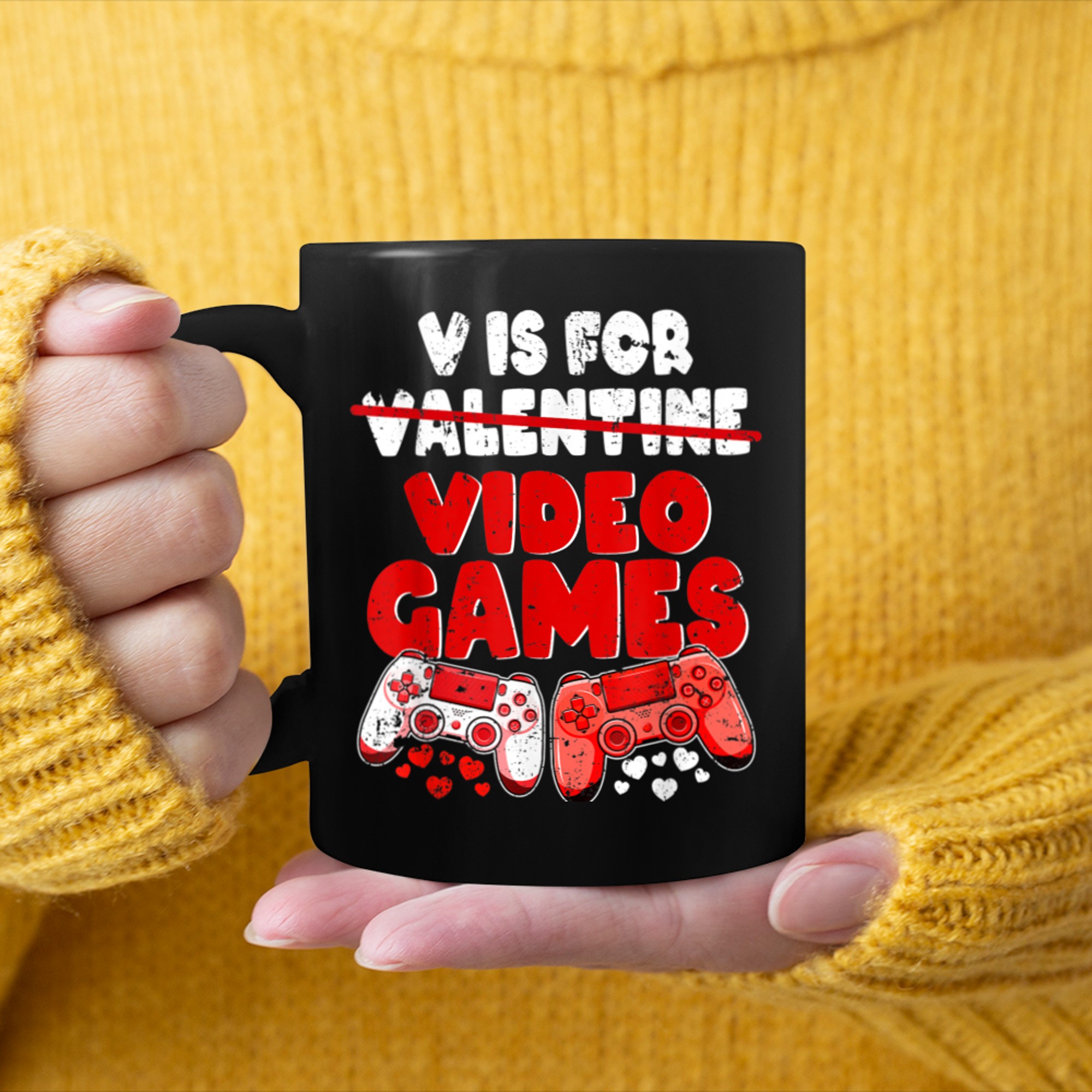 V Is For Video Games Funny Valentines Day Gamer Boy Men (45) mug black