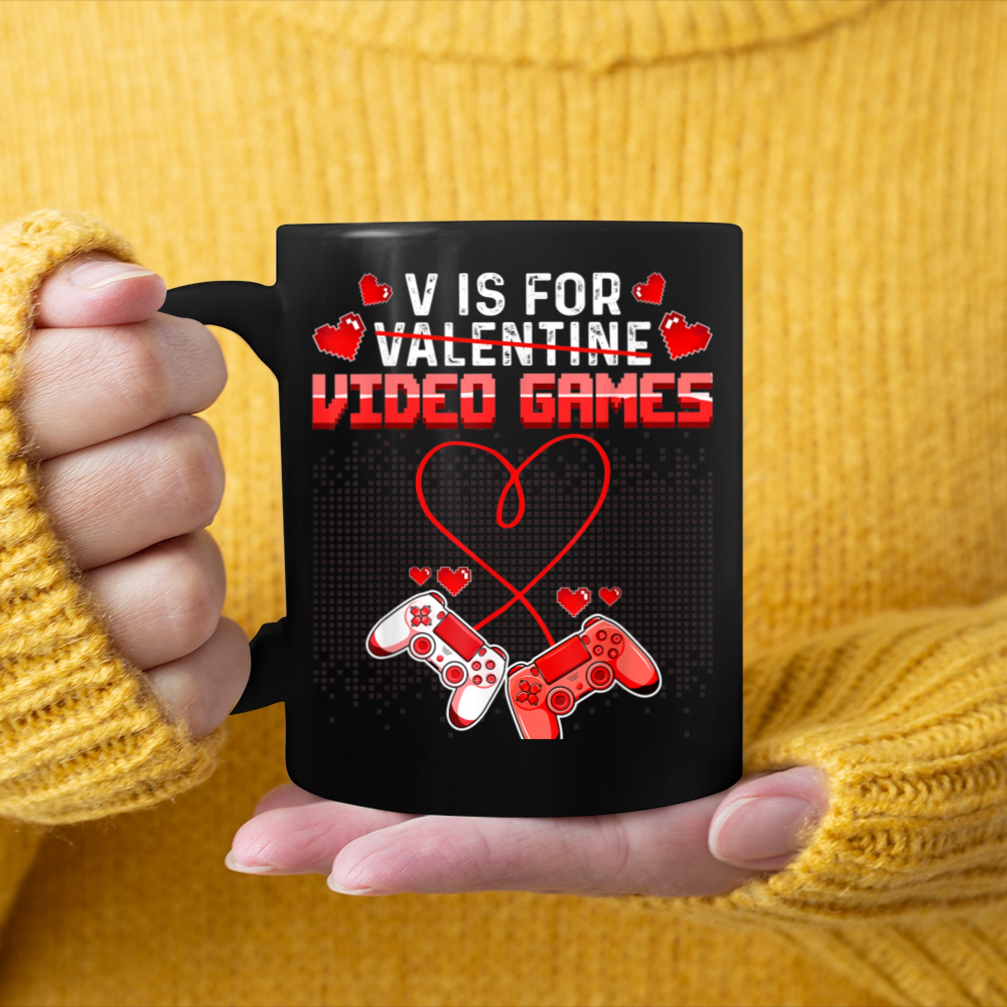 V Is For Video Games Funny Valentines Day Gamer Boy Men (58) mug black