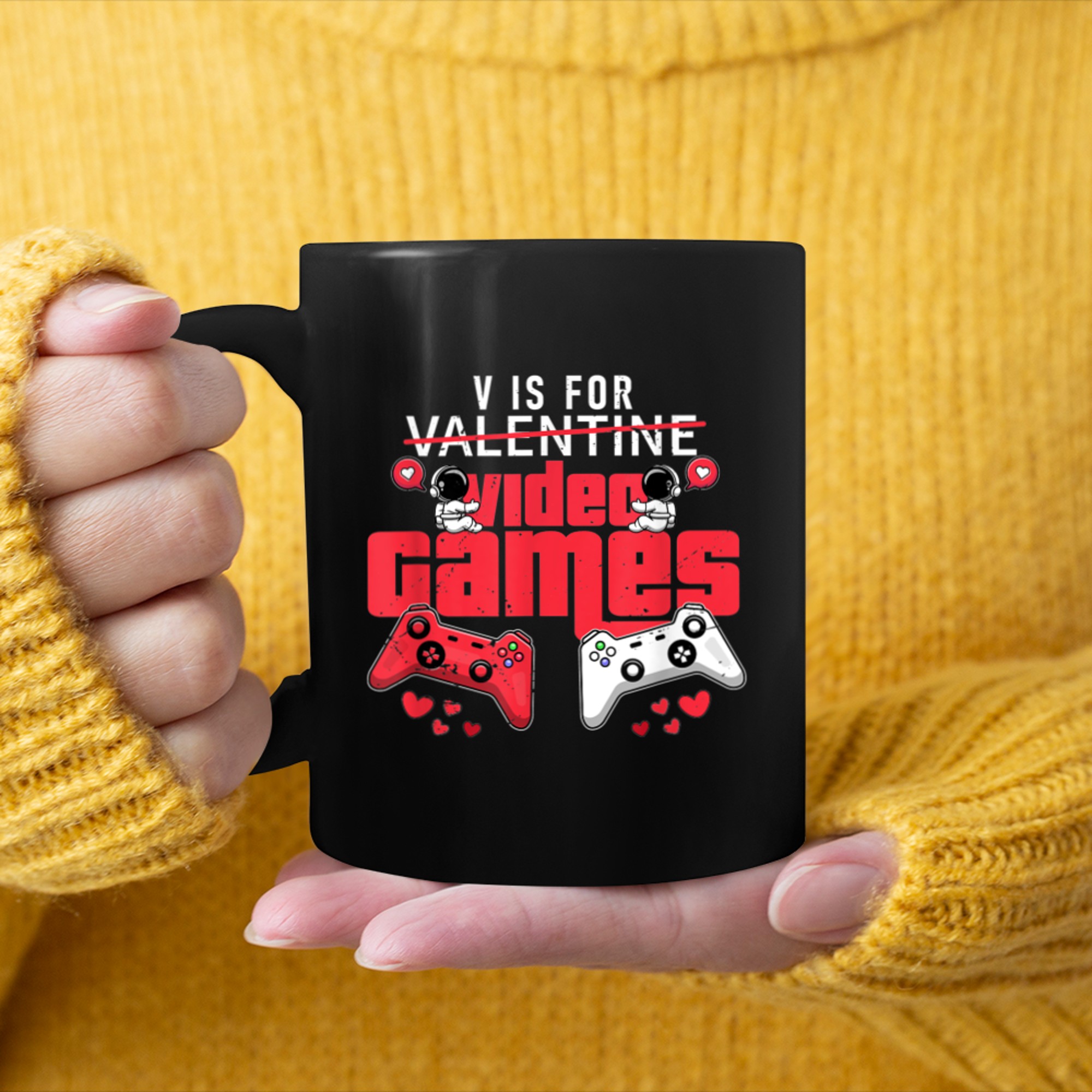 V Is For Video Games Funny Valentines Day Gamer Boy Men (62) mug black