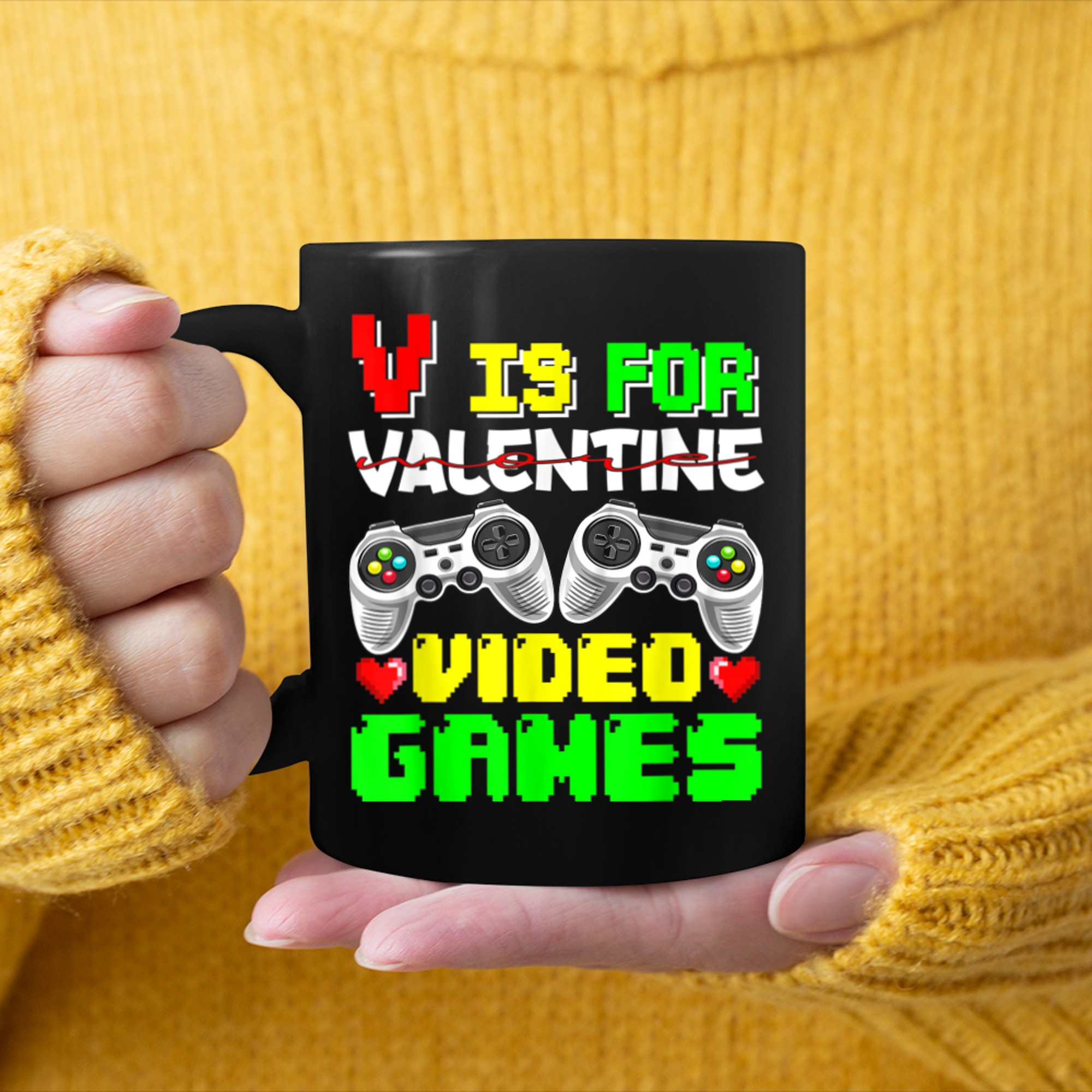 V Is For Video Games Funny Valentines Day Gamer Boy Men (67) mug black