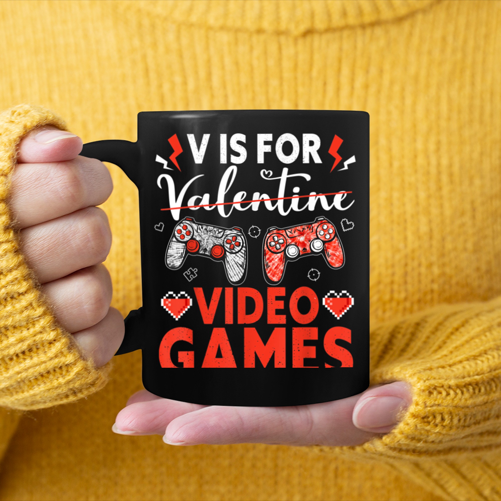 V Is For Video Games Funny Valentines Day Gamer Boy Men (88) mug black