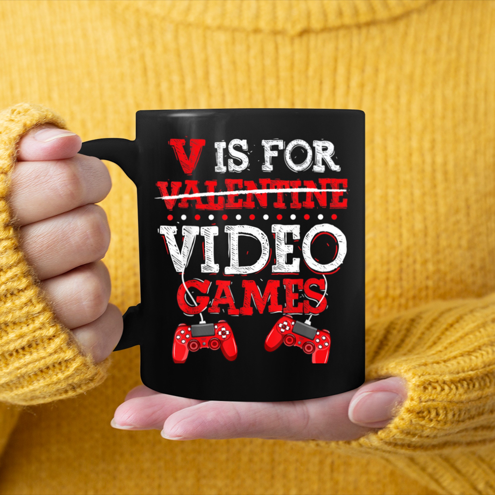 V Is For Video Games Funny Valentines Day Gamer Boy Men Gif (1) mug black