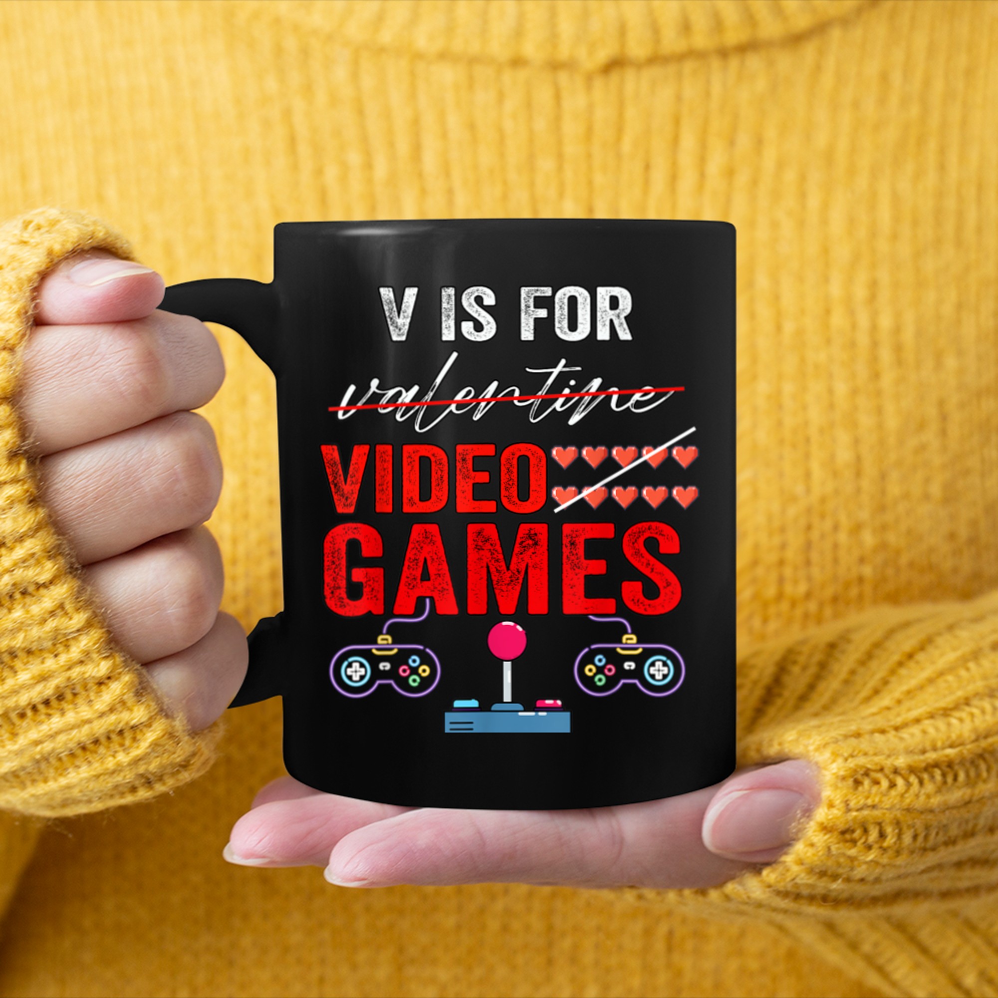 V Is For Video Games Funny Valentines Day Gamer Boy Men Gif mug black