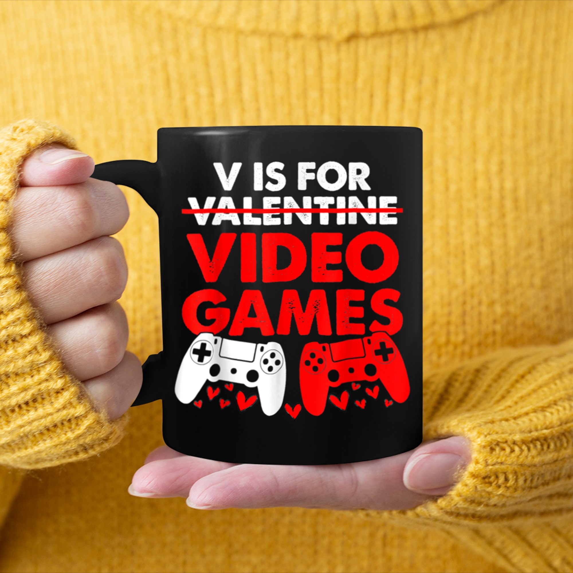 V is for Video Games Funny Valentines Day Gamer Boy Men Girl (1) mug black