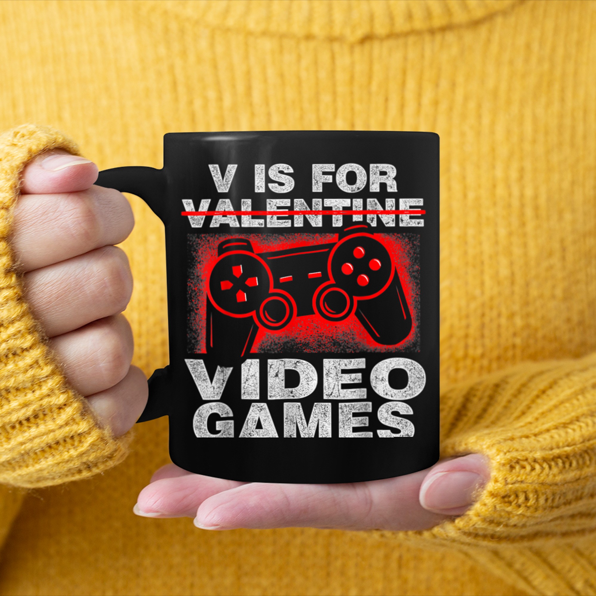 V is for Video Games Funny Valentines Day Gamer Boy Men Girl mug black