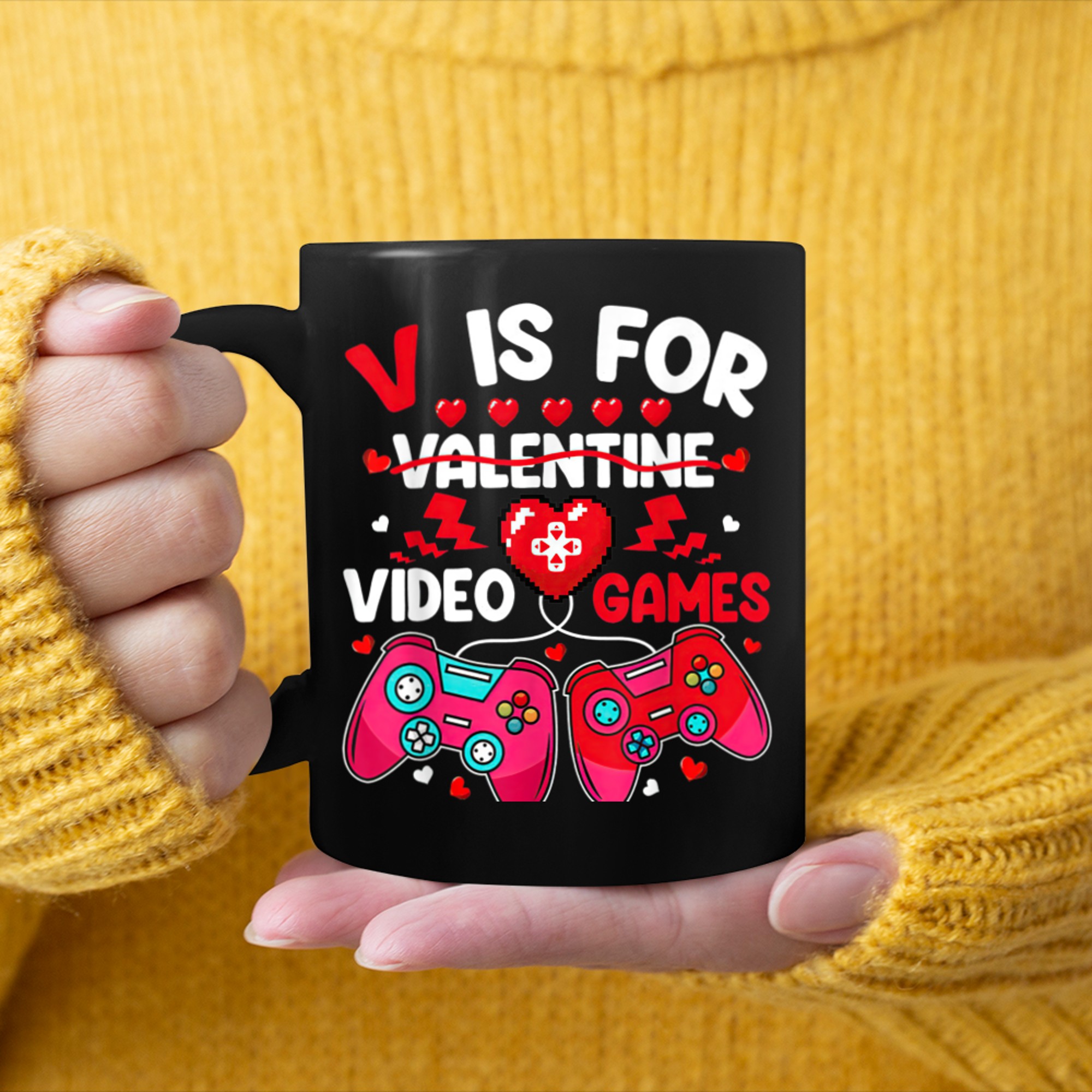 V Is For Video Games Funny Valentines Day Gamer Boy Men Kids (11) mug black