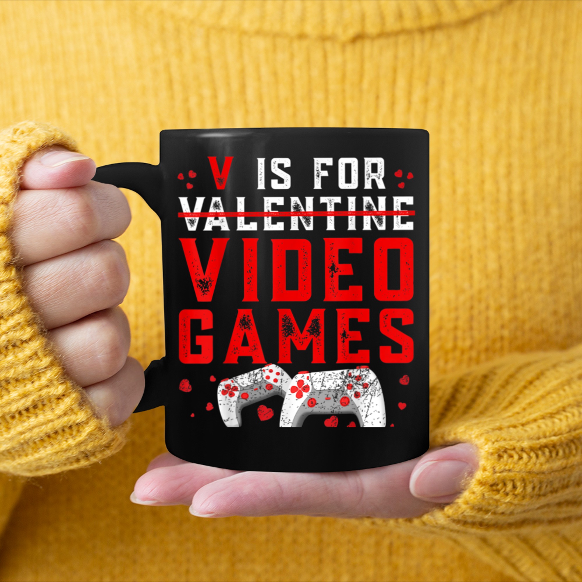 V Is For Video Games Funny Valentines Day Gamer Boy Men Kids (12) mug black