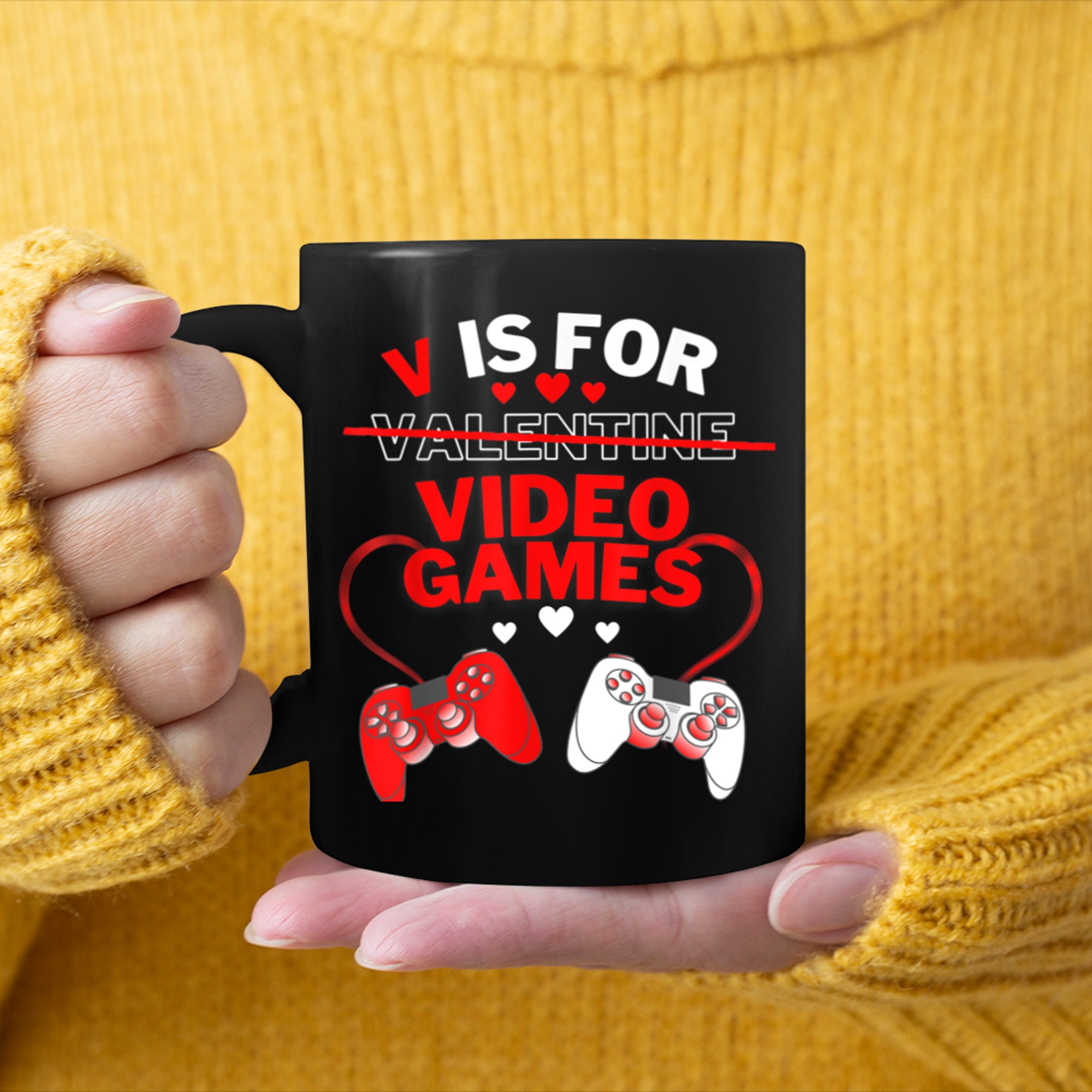 V IS FOR VIDEO GAMES Funny Valentines Day Gamer Boy Men kids (14) mug black