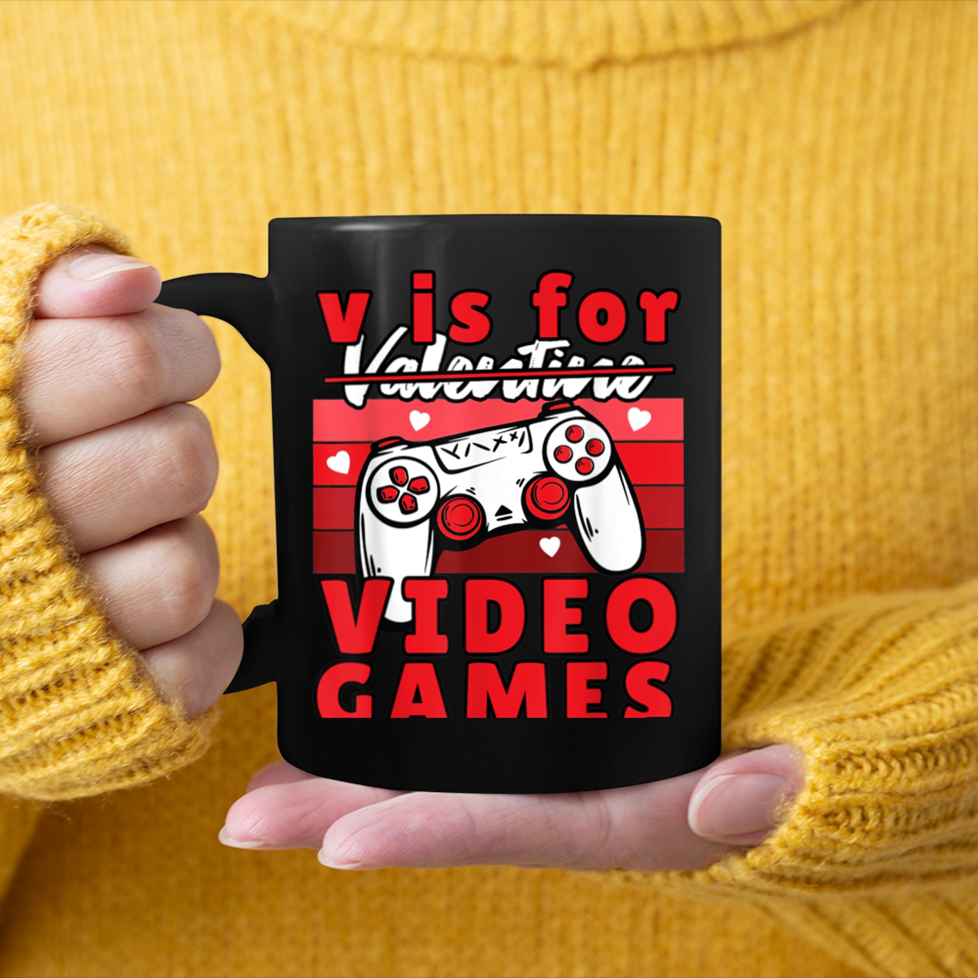 V Is For Video Games Funny Valentines Day Gamer Boy Men Kids (2) mug black