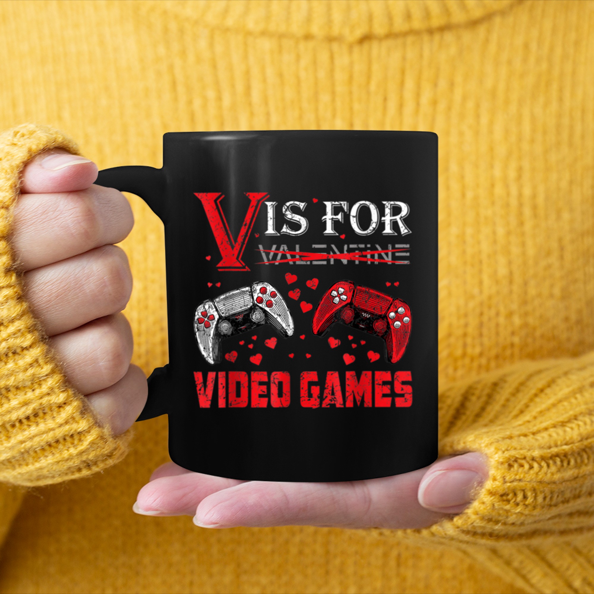 V Is For Video Games Funny Valentines Day Gamer Boy Men Kids (4) mug black