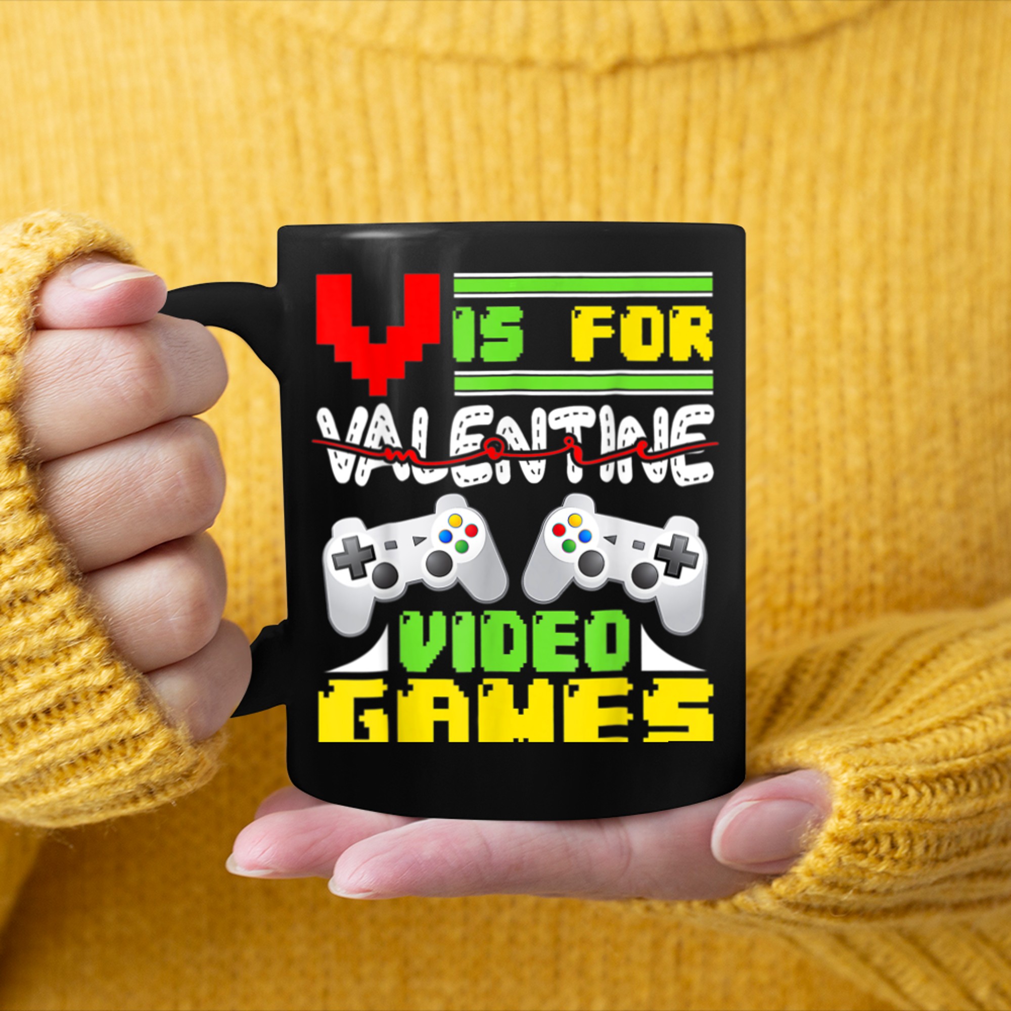 V Is For Video Games Funny Valentines Day Gamer Boy mug black