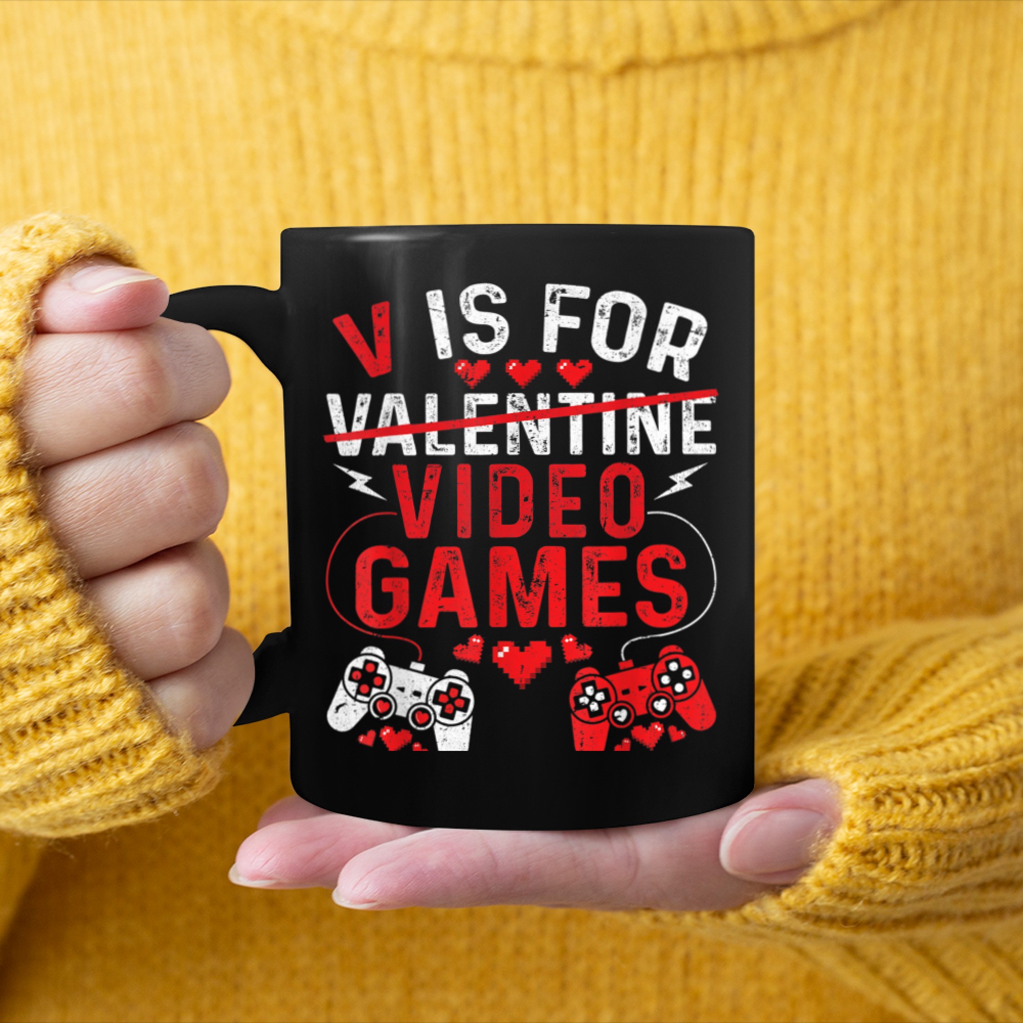 V Is For Video Games Funny Valentines Day Gamer Boys Girls mug black