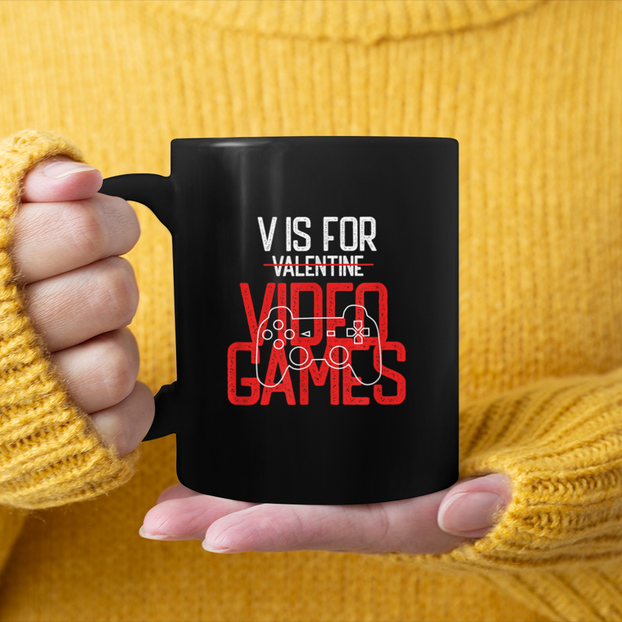 V is for Video Games Funny Valentines Day Gamer Men Boy Girl mug black