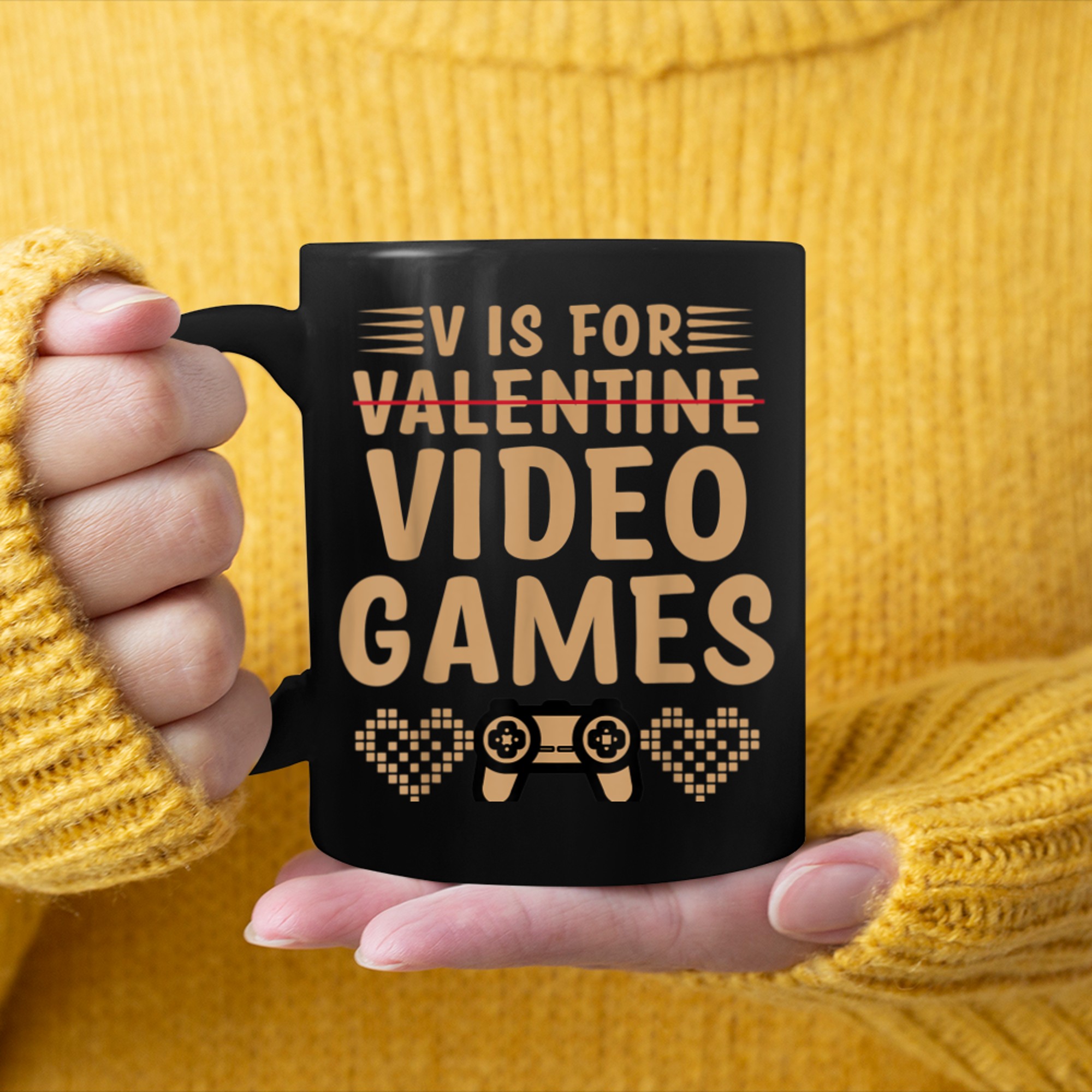 V Is For Video Games Funny Valentine's Day Gamer mug black