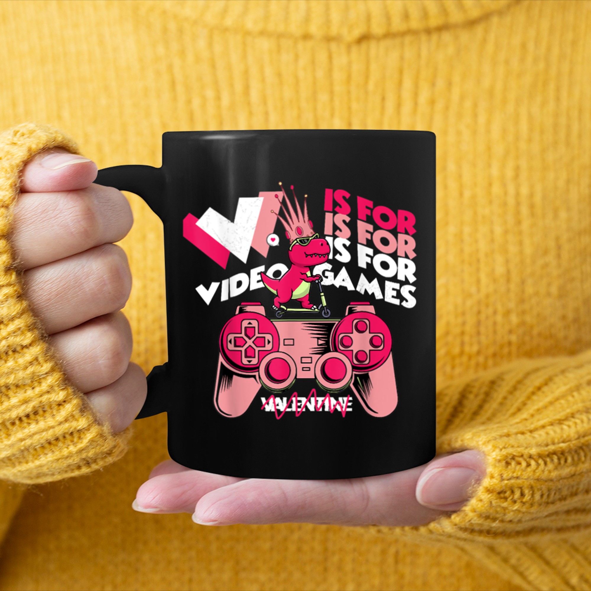 V Is For Video Games Funny Valentines Day Gamer T-rex Boys mug black