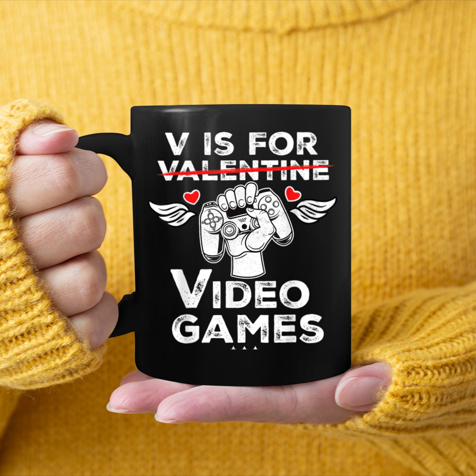 V Is For Video Games Funny Valentines Day Gamer Valentine's mug black