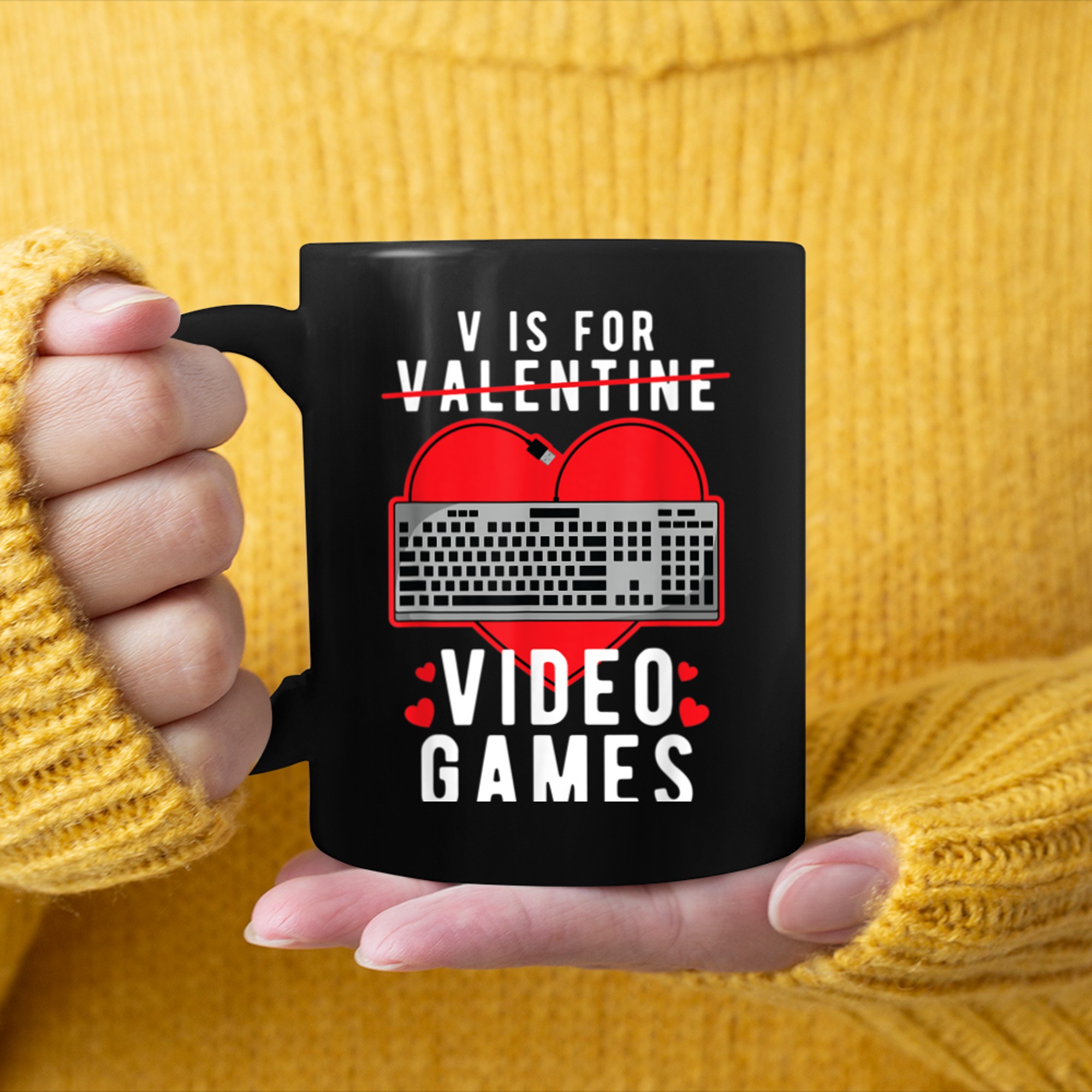 V is for Video Games Funny Valentines Day PC Gamer mug black