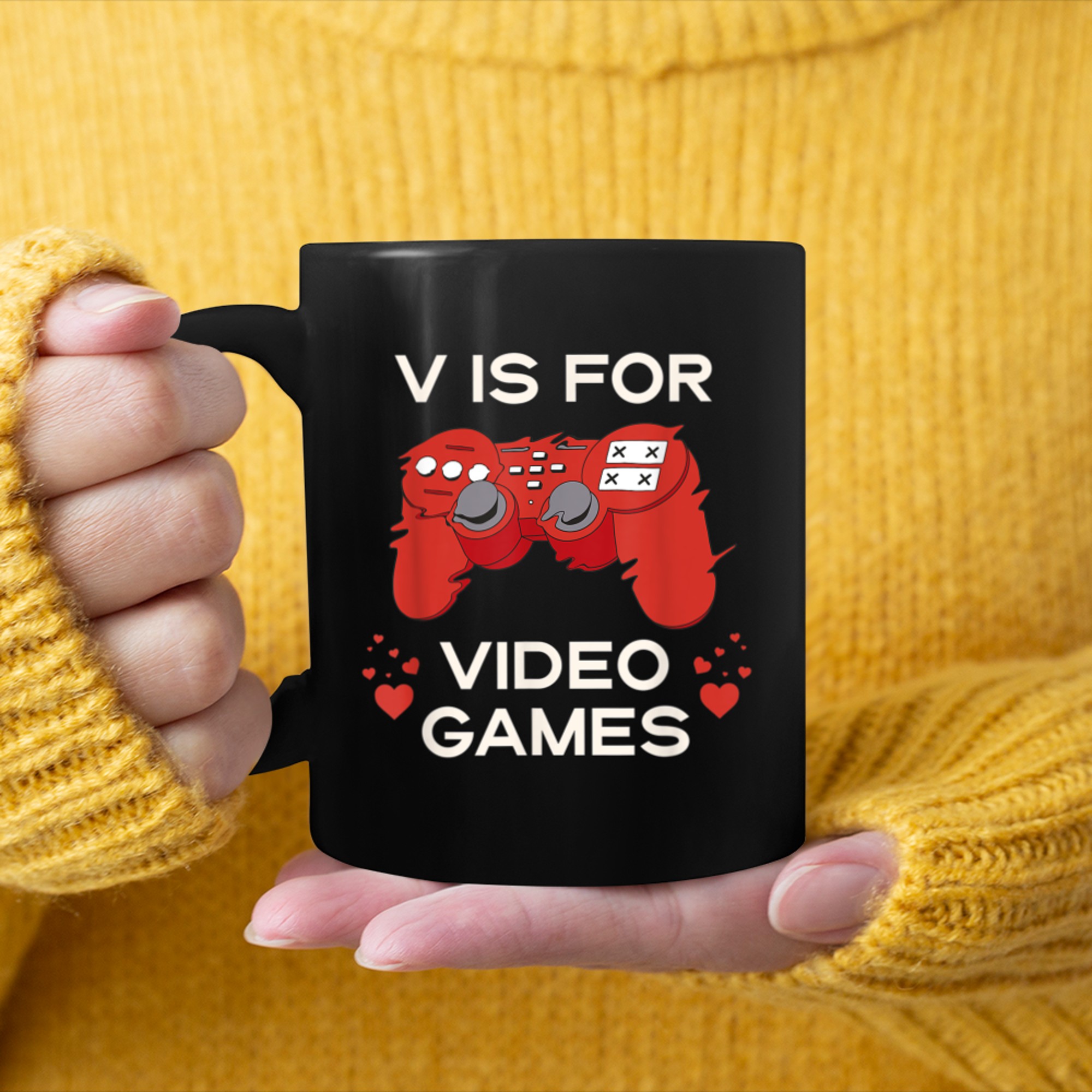 V is for Video Games Funny Valentine's Day Quote for Gamers mug black