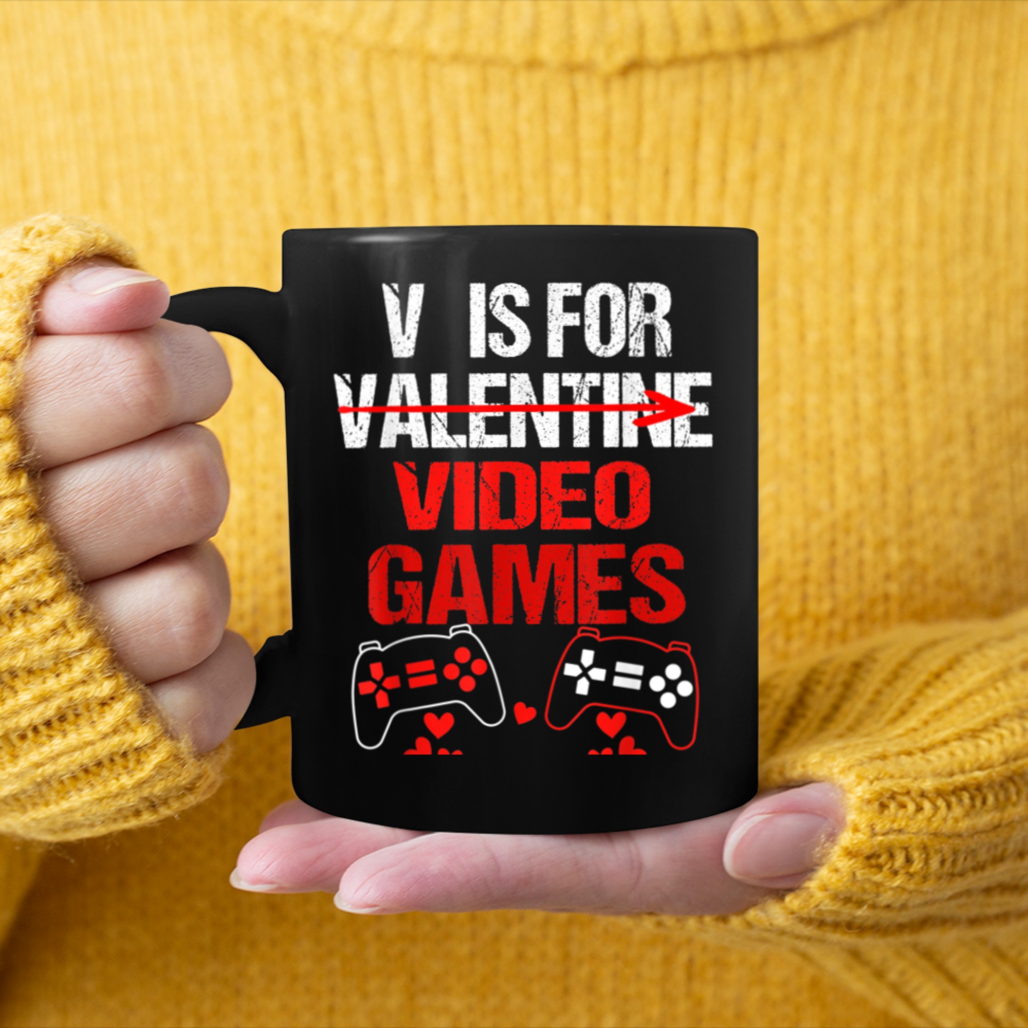 V Is For Video Games Funny Valentines Day Red Heart Gamer mug black