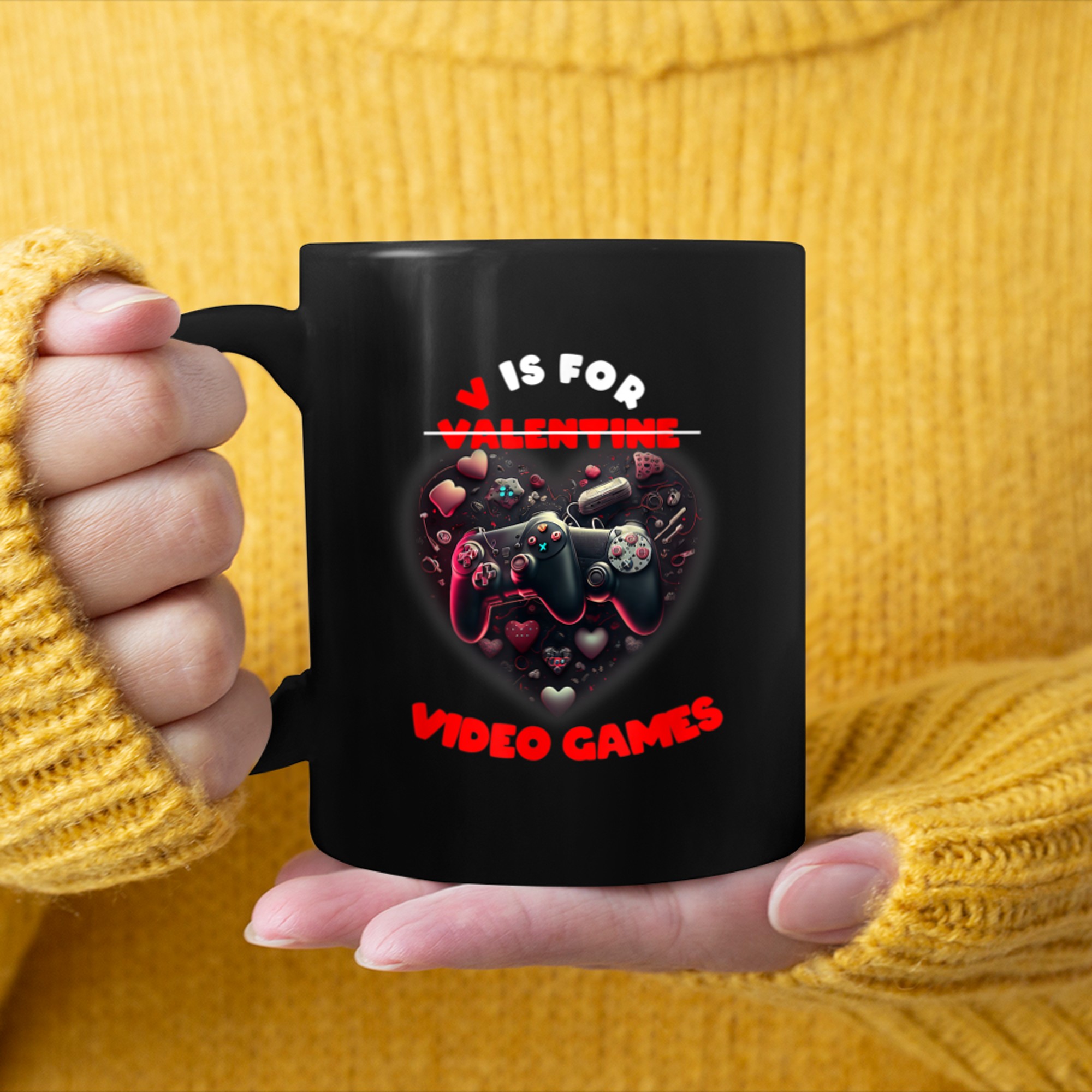 V is for Video Games Funny Valentine's Day Shirt mug black