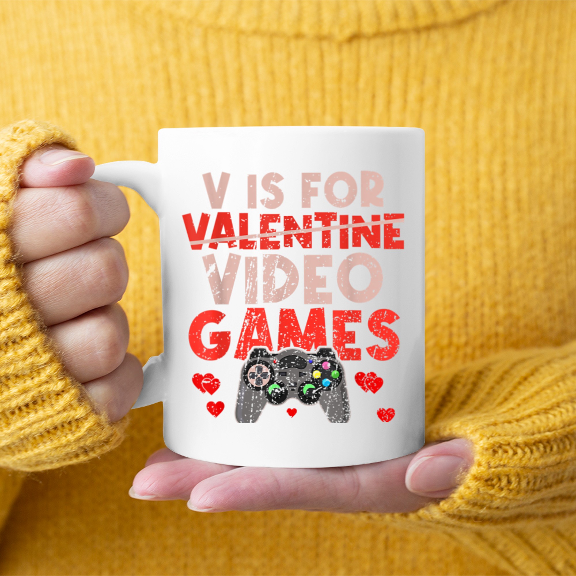 V Is For Video Games Funny Valentine's Day Video Gamer mug white