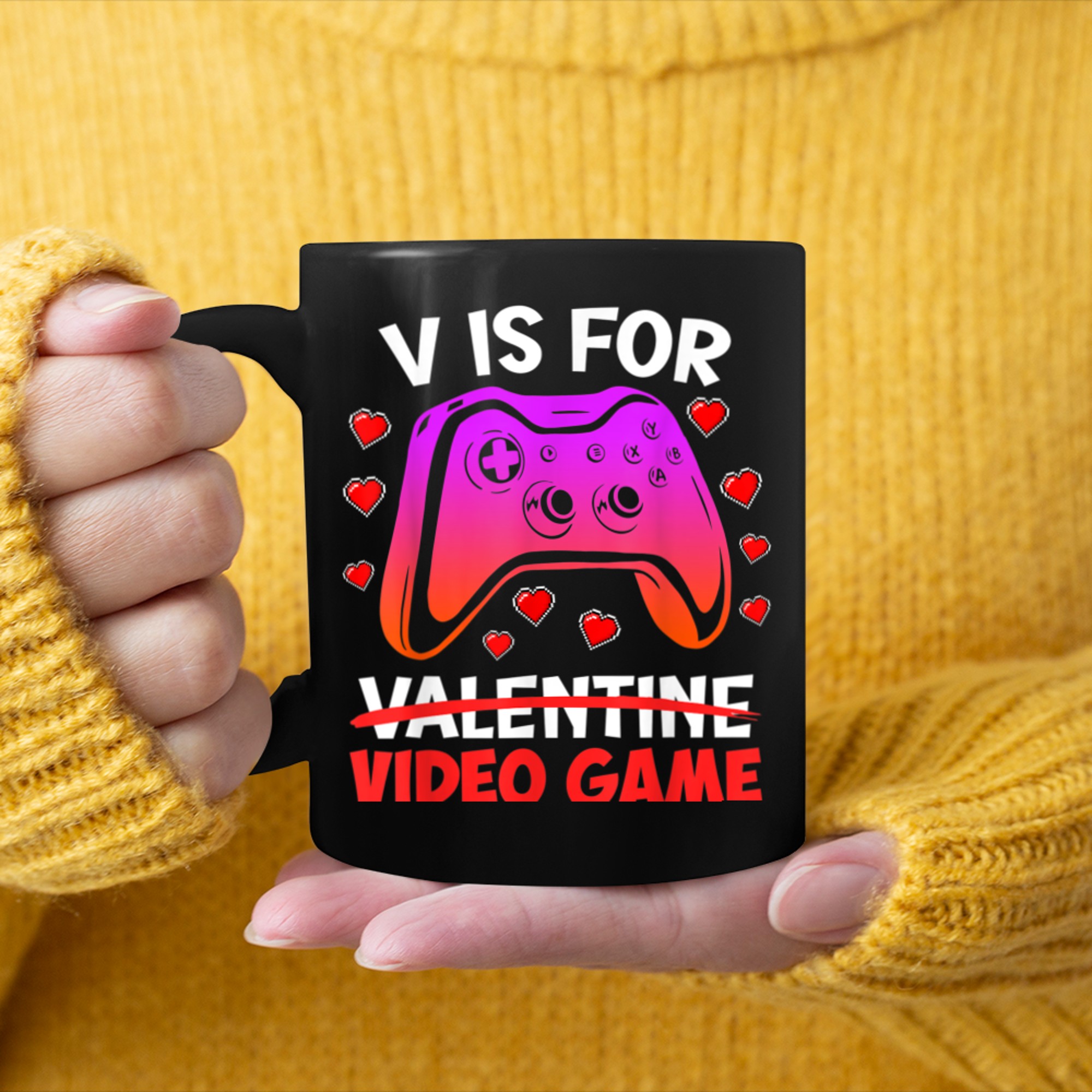 V is for video games gambling Valentine's Day (1) mug black