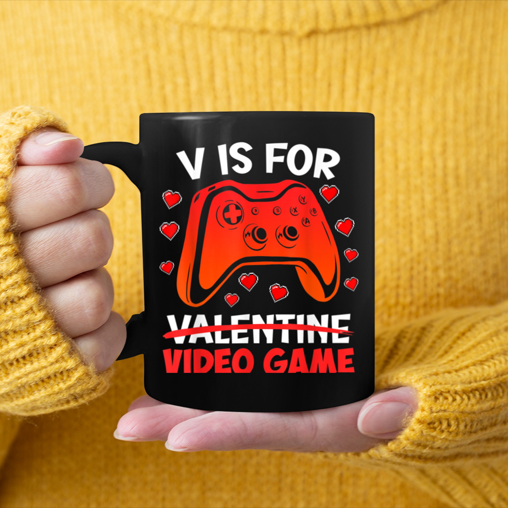 V is for video games gambling Valentine's Day mug black