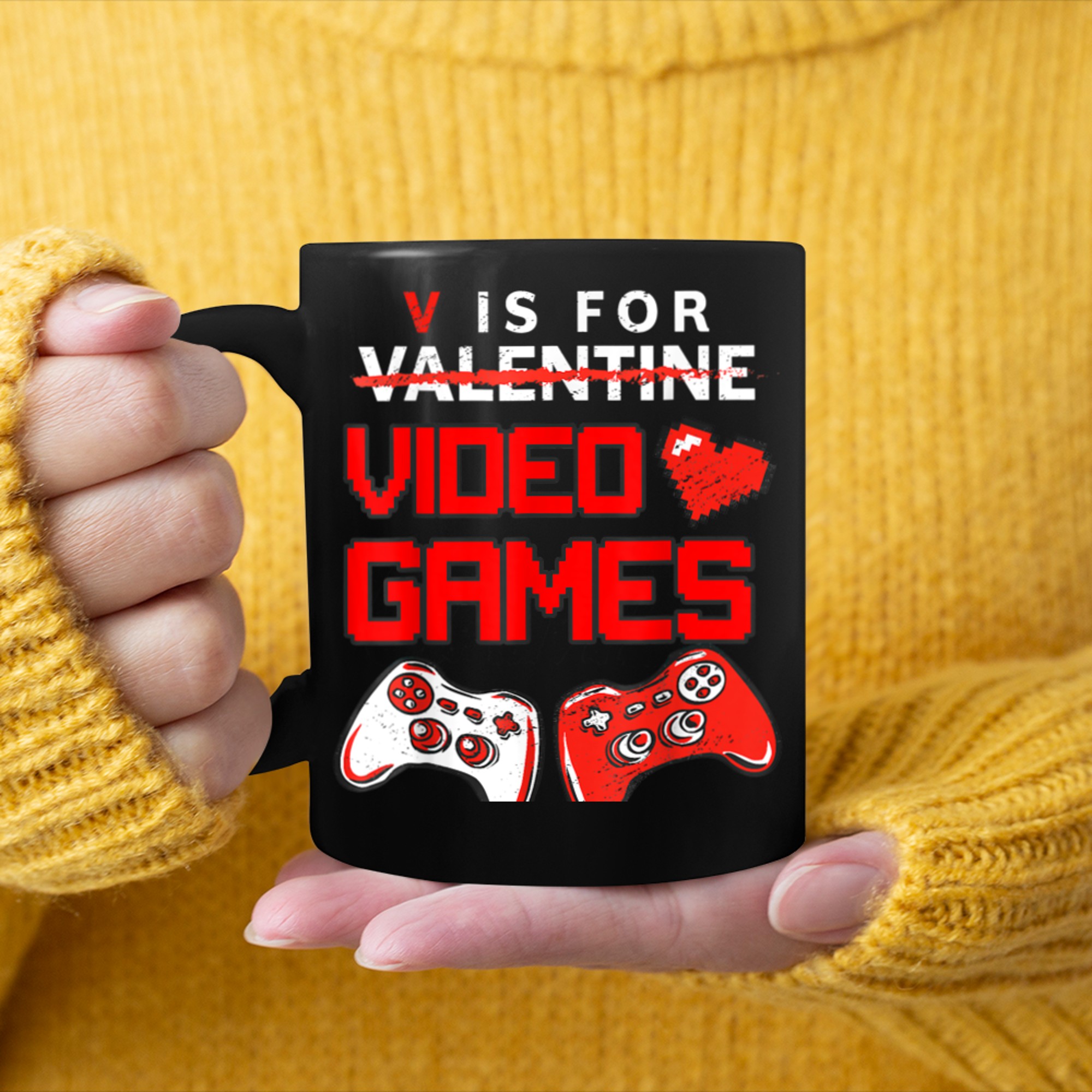 V Is For Video Games Gamer Boy Men Funny Valentines Day (11) mug black