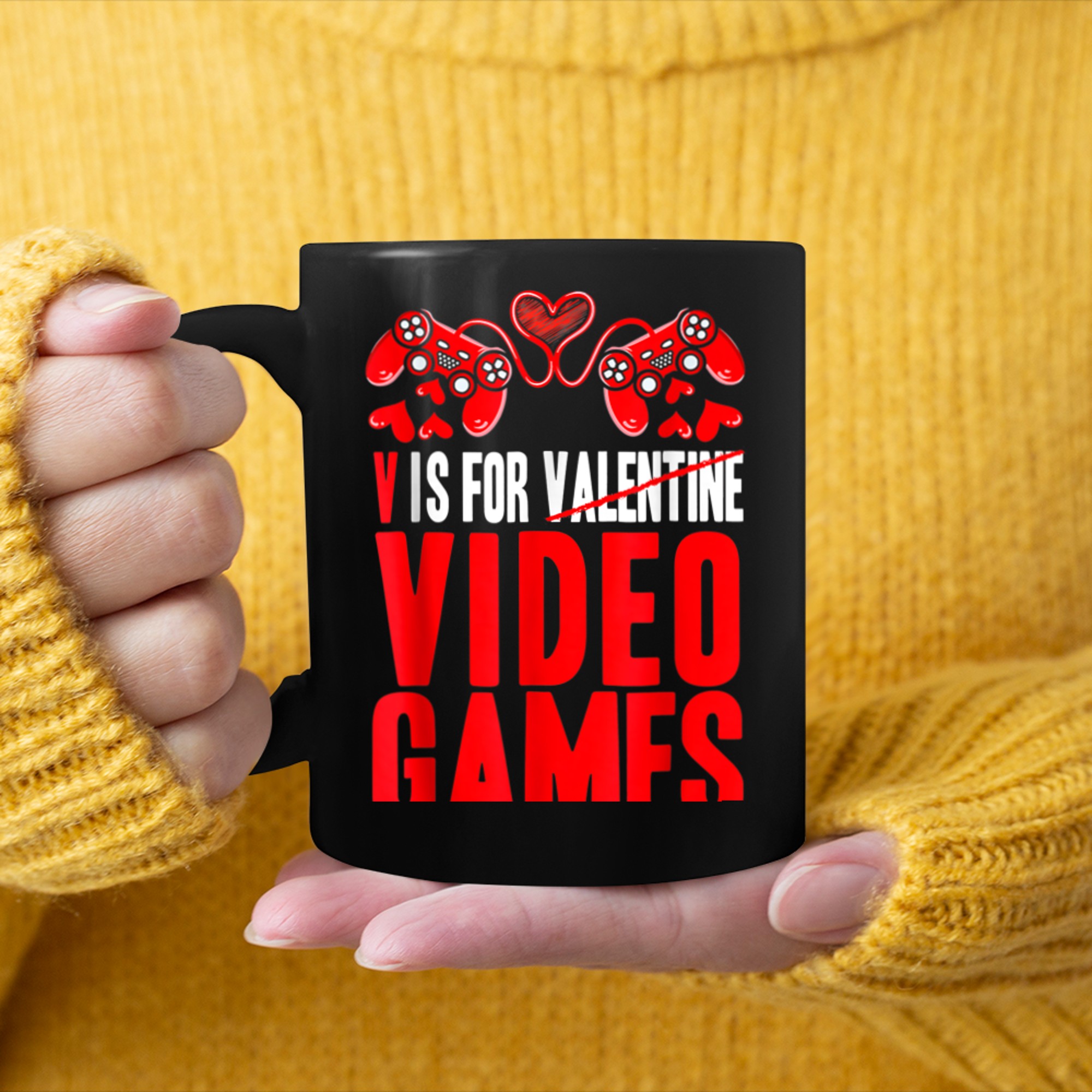 V Is For Video Games Gamer Boy Men Funny Valentines Day (2) mug black