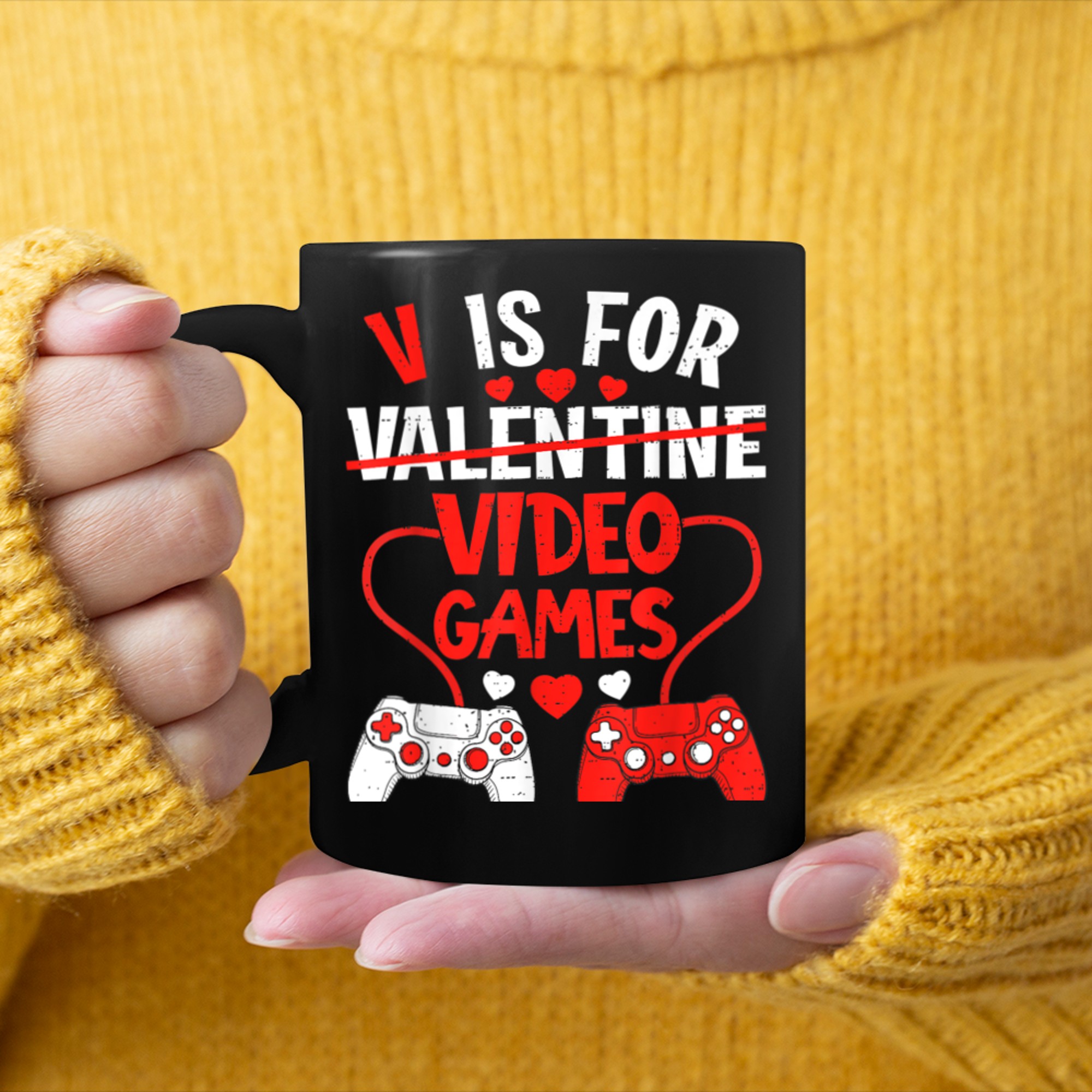 V Is For Video Games Gamer Boy Men Funny Valentines Day (8) mug black